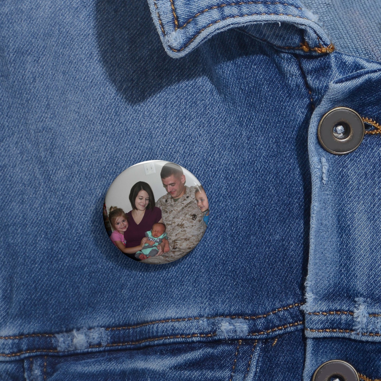 Sgt. Matthew Tatar and his wife Tiffany in their home Pin Buttons with Crisp Design