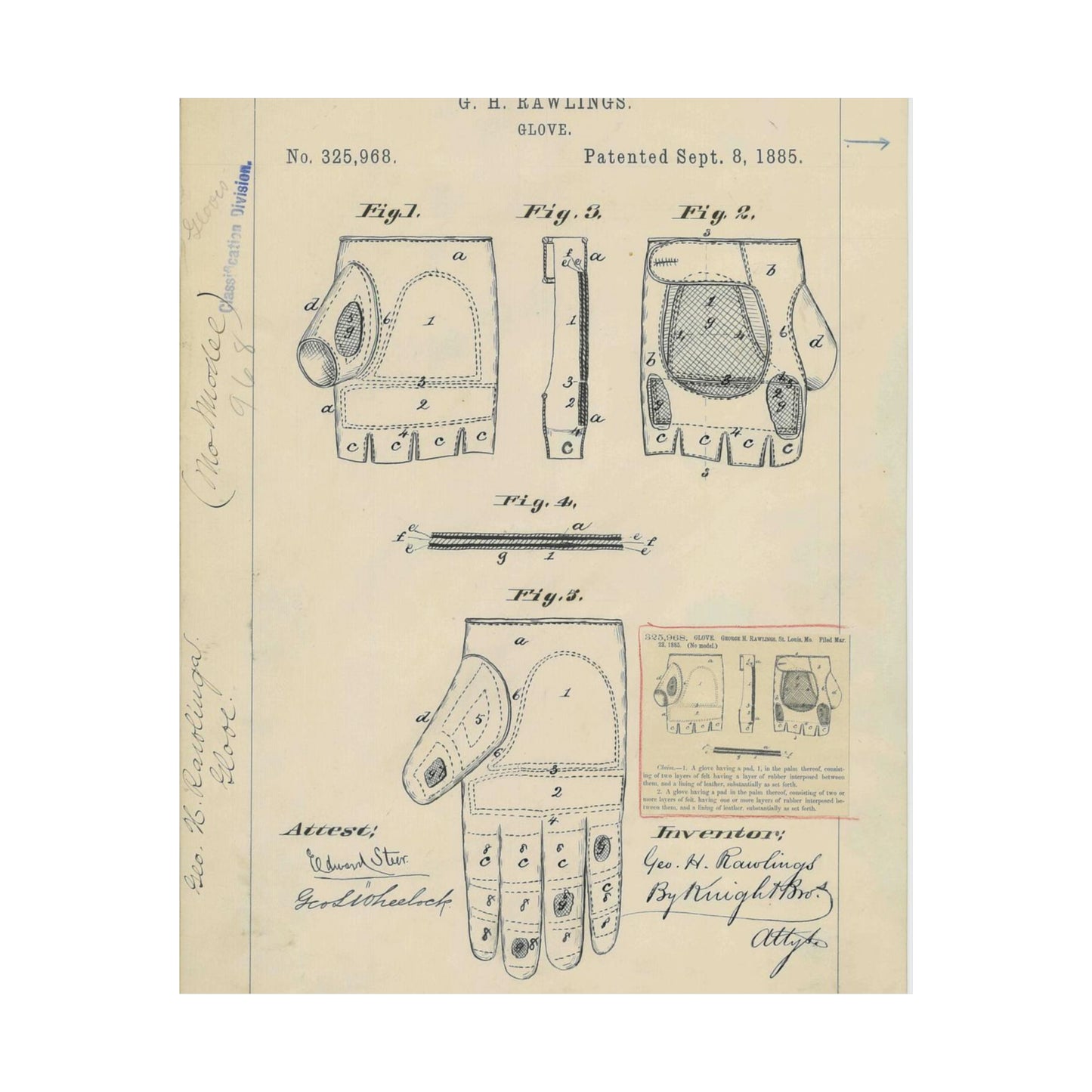 Patent drawing - Drawing for a "Base Ball Glove" Public domain image High Quality Matte Wall Art Poster for Home, Office, Classroom