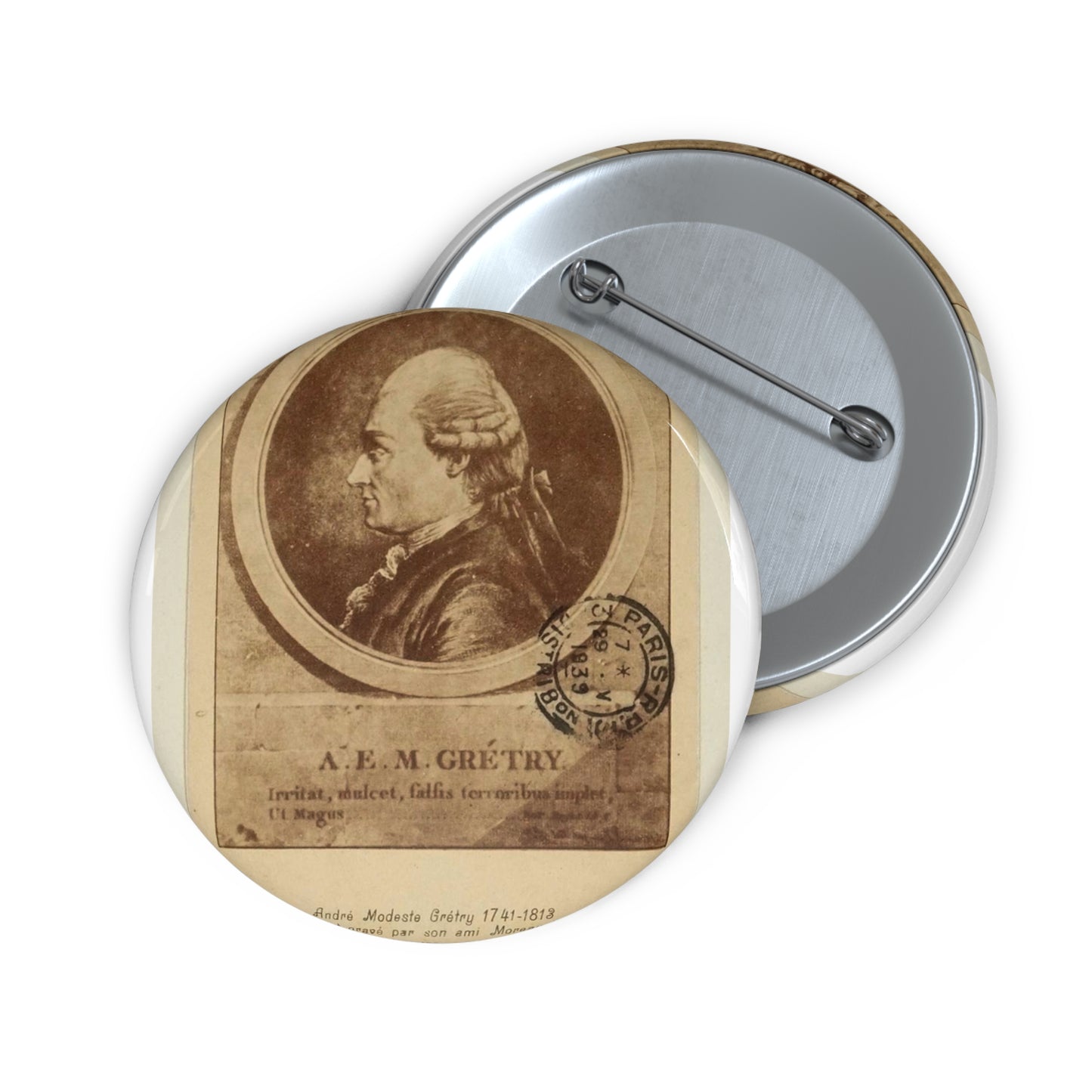André Modeste Grétry 1741-1813 - Engraving, Public domain image Pin Buttons with Crisp Design