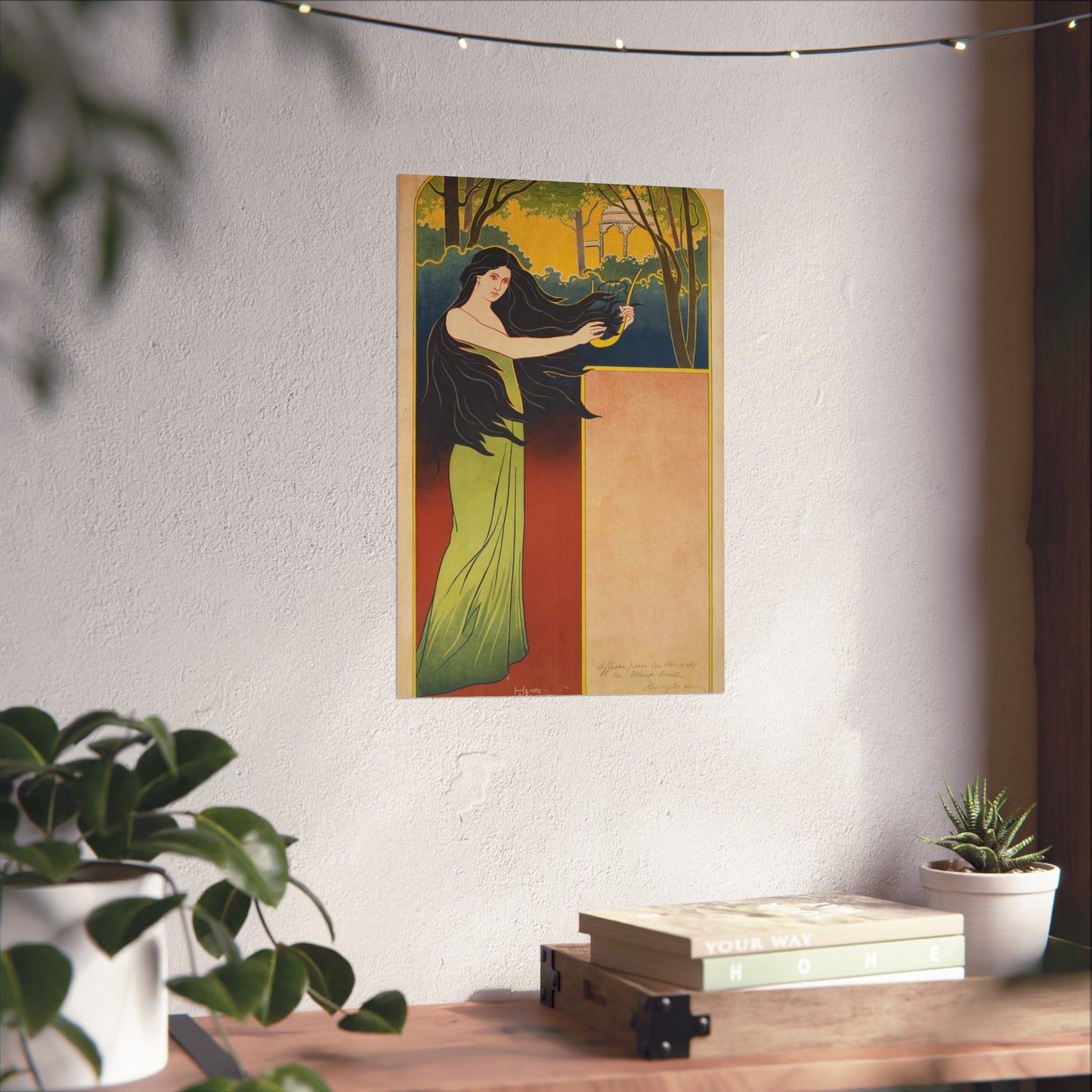 A painting of a woman with long black hair. Vintage art deco, beauty fashion. High Quality Matte Wall Art Poster for Home, Office, Classroom