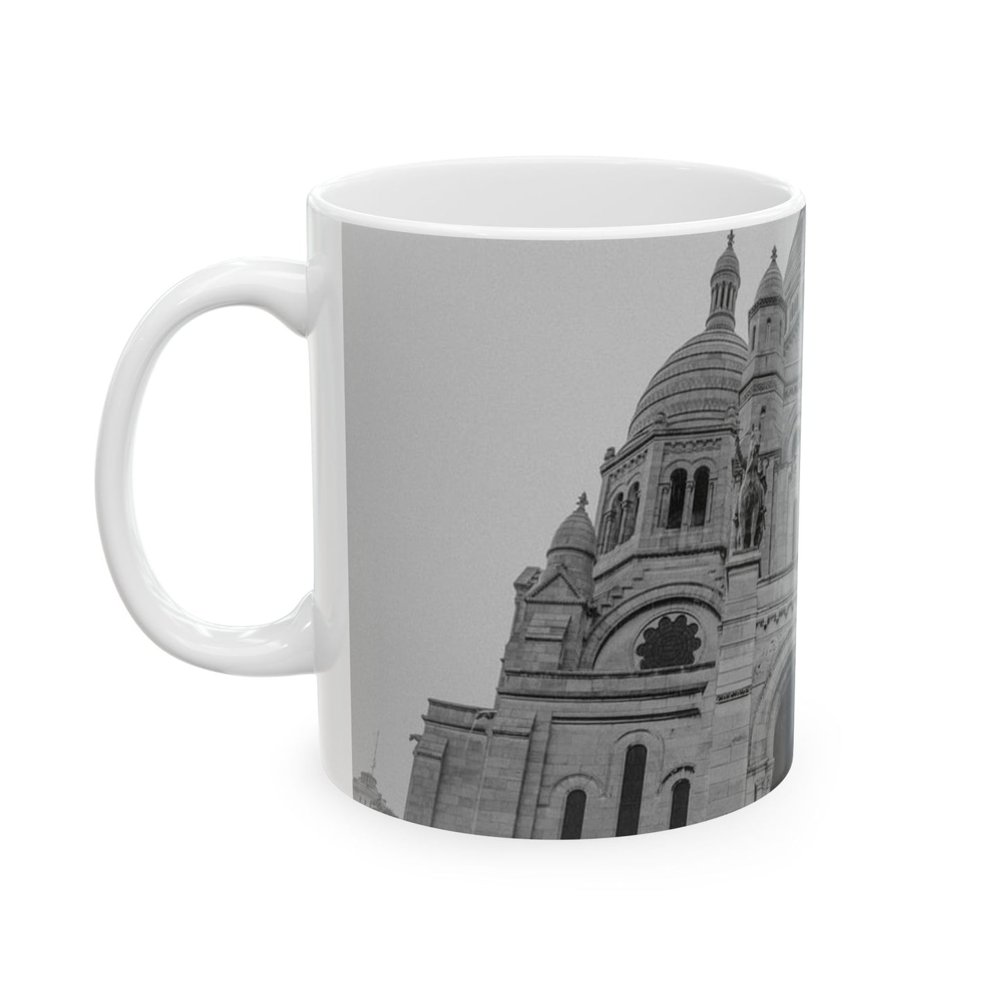A black and white photo of a large building. Sacred heart cathedral church construction, religion. Beautiful Novelty Ceramic Coffee Mug 11oz
