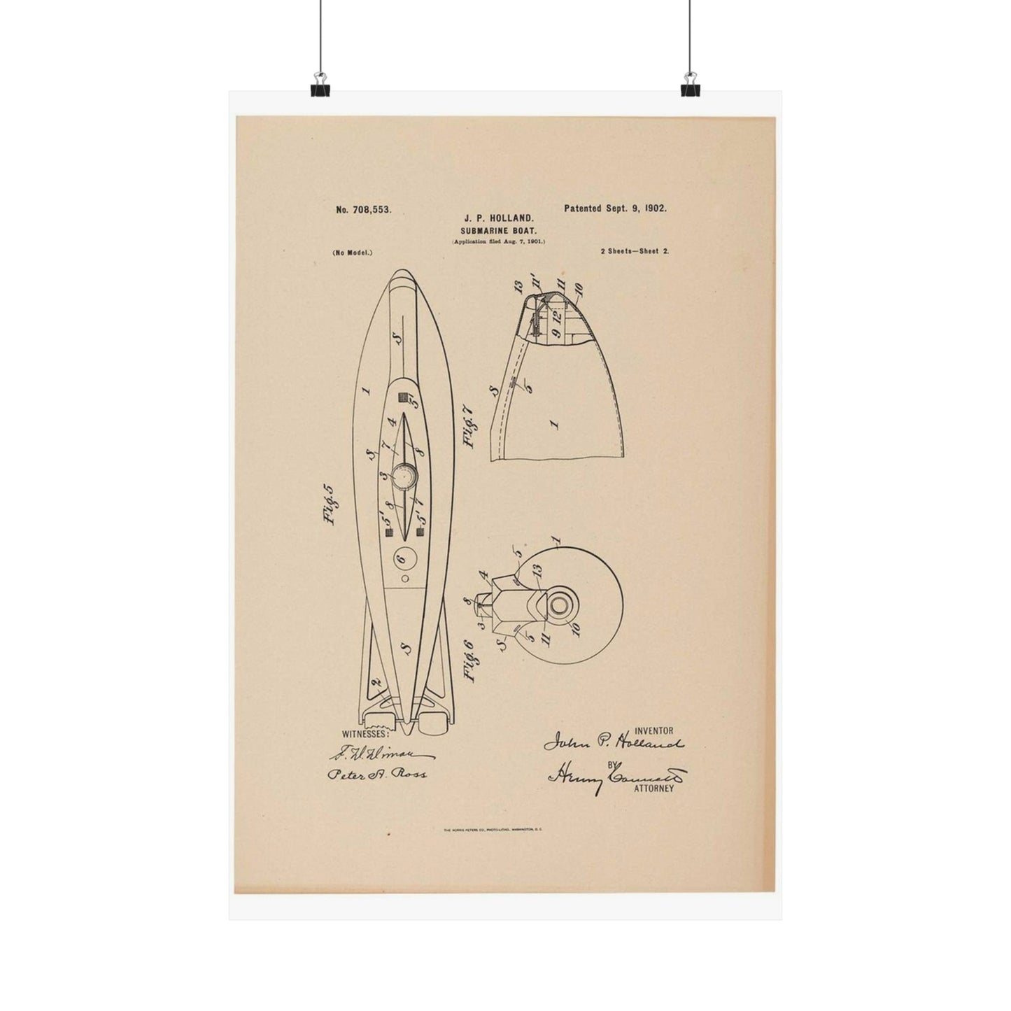 Patent drawing - Drawing for a Submarine Boat Public domain image High Quality Matte Wall Art Poster for Home, Office, Classroom