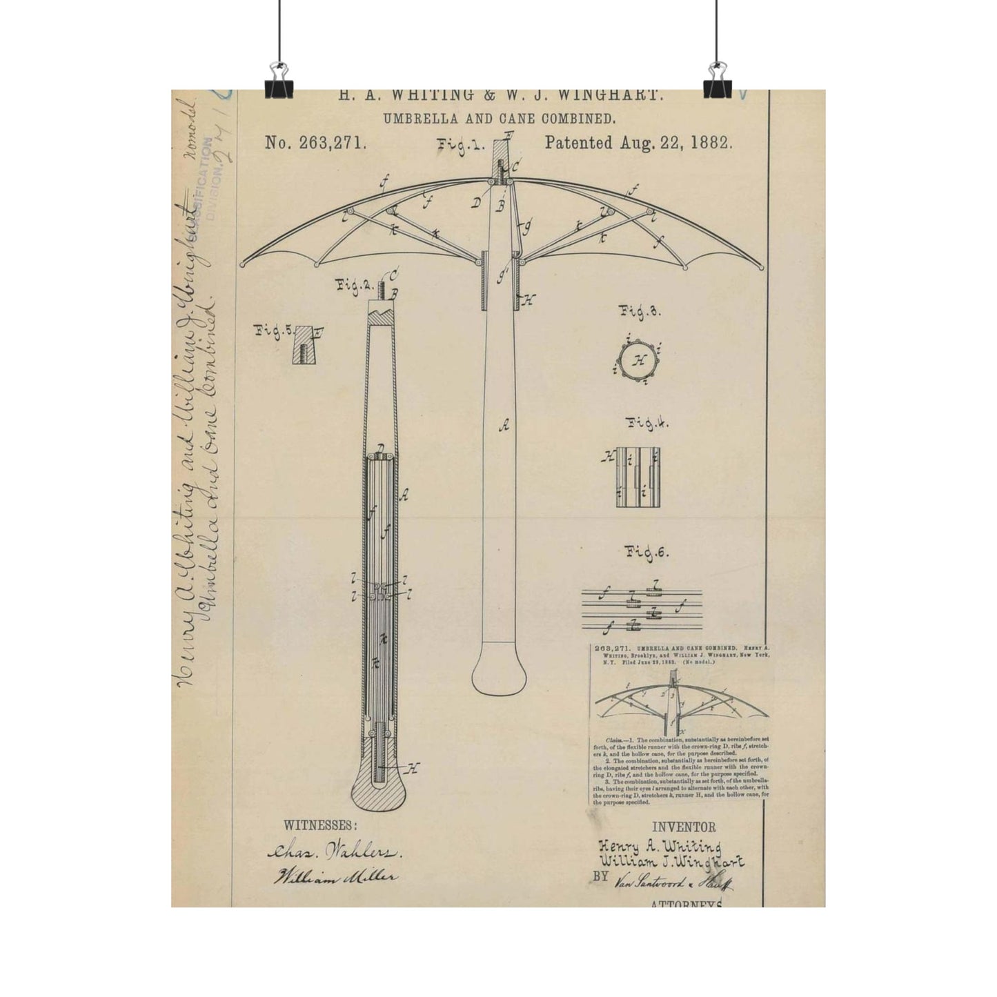 Patent drawing - for H. A. Whiting and W. J. Winghart's Umbrella and Cane Combined Public domain image High Quality Matte Wall Art Poster for Home, Office, Classroom