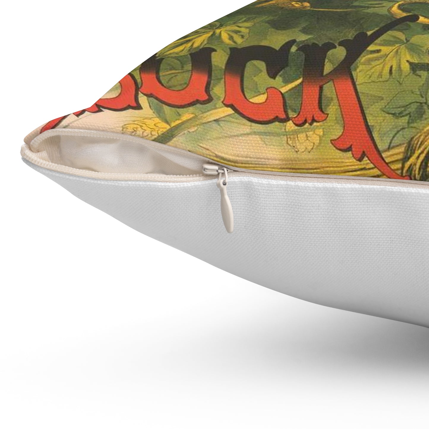 Bock Beer, the head of a goat inside an oval, with a stein of beer sitting on a bed of hops, underneath the oval Decorative Accent Square Pillow