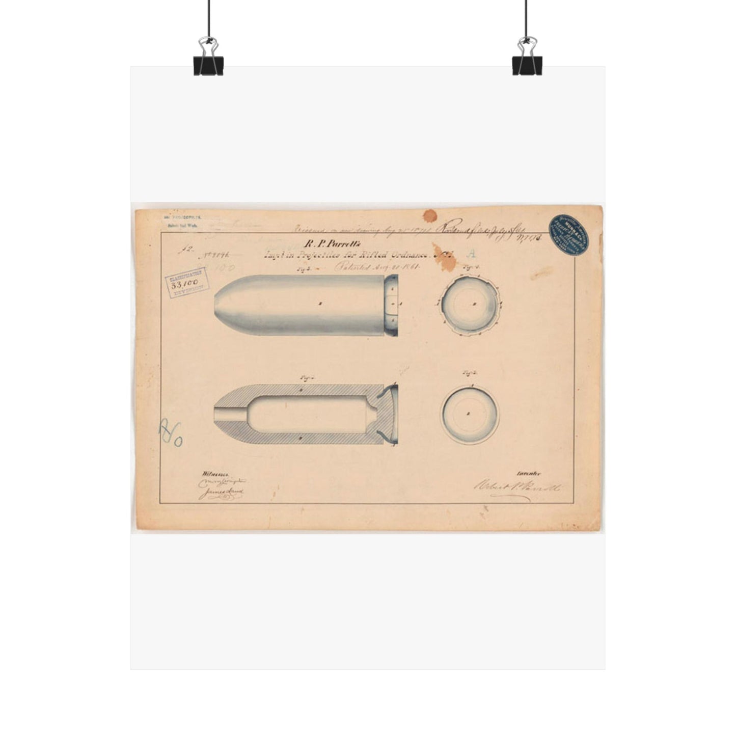 Patent drawing - Drawing of Improvement in Projectiles for Rifled Ordnance Public domain image High Quality Matte Wall Art Poster for Home, Office, Classroom