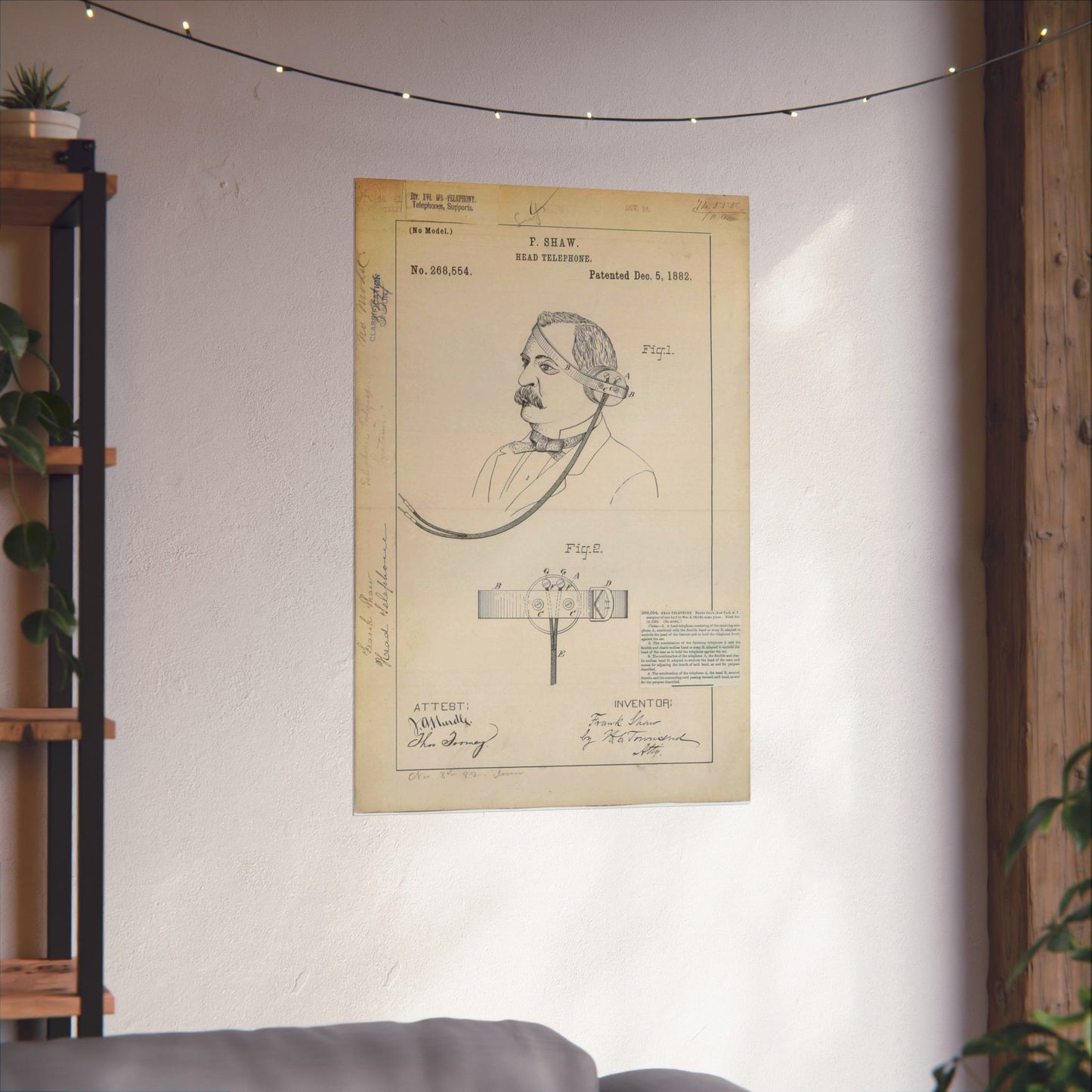 Patent drawing - for F. Shaw's Head Telephone Public domain image High Quality Matte Wall Art Poster for Home, Office, Classroom
