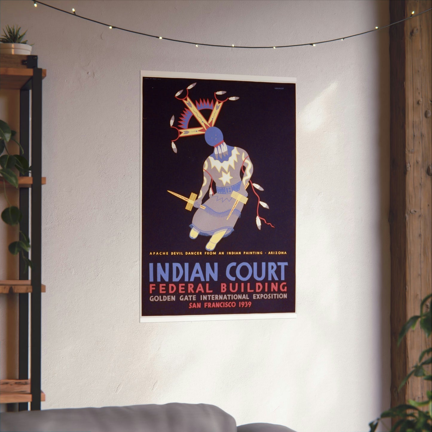 Indian court, Federal Building, Golden Gate International Exposition, San Francisco, 1939 Apache devil dancer from an Indian painting, Arizona / / Siegriest. High Quality Matte Wall Art Poster for Home, Office, Classroom