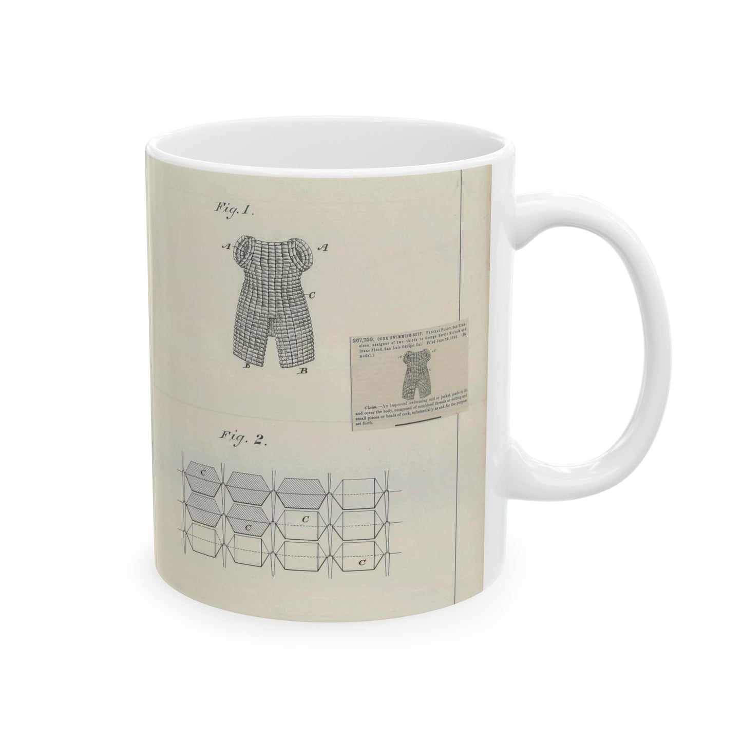 Patent drawing - for P. Plant's Cork Swimming Suit Public domain image Beautiful Novelty Ceramic Coffee Mug 11oz