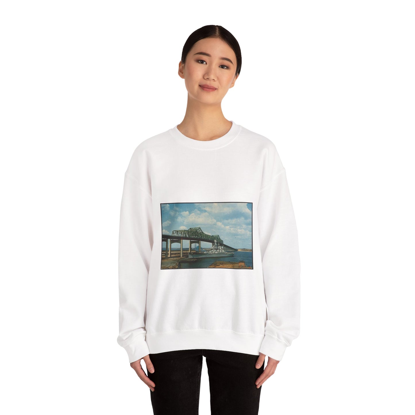 The battleship U.S.S. Massachusetts and Braga Bridge, Fall River, Massachusetts White Heavy Blend Adult Crew Neck SweatShirt
