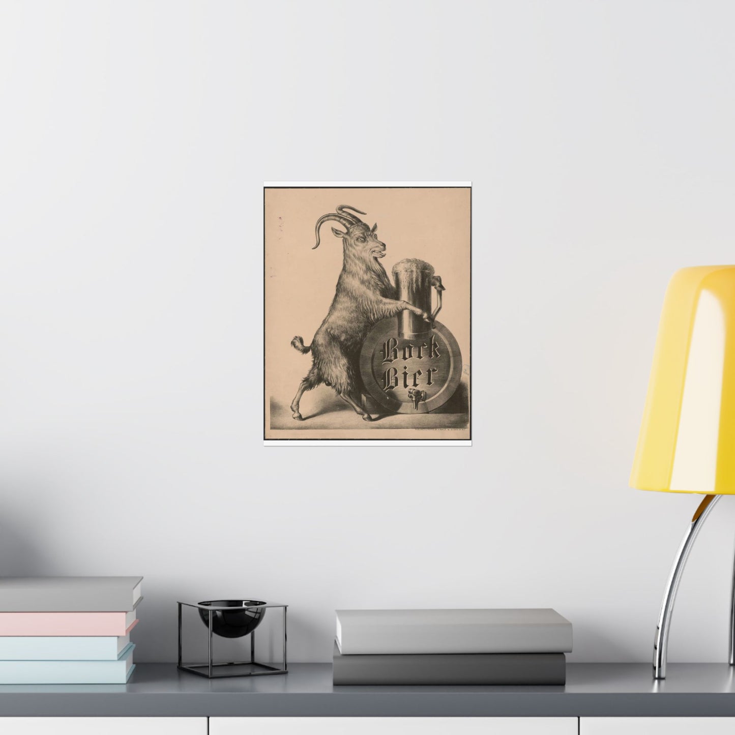 Bock Bier goat on hind legs, holding large mug of beer with front hooves High Quality Matte Wall Art Poster for Home, Office, Classroom