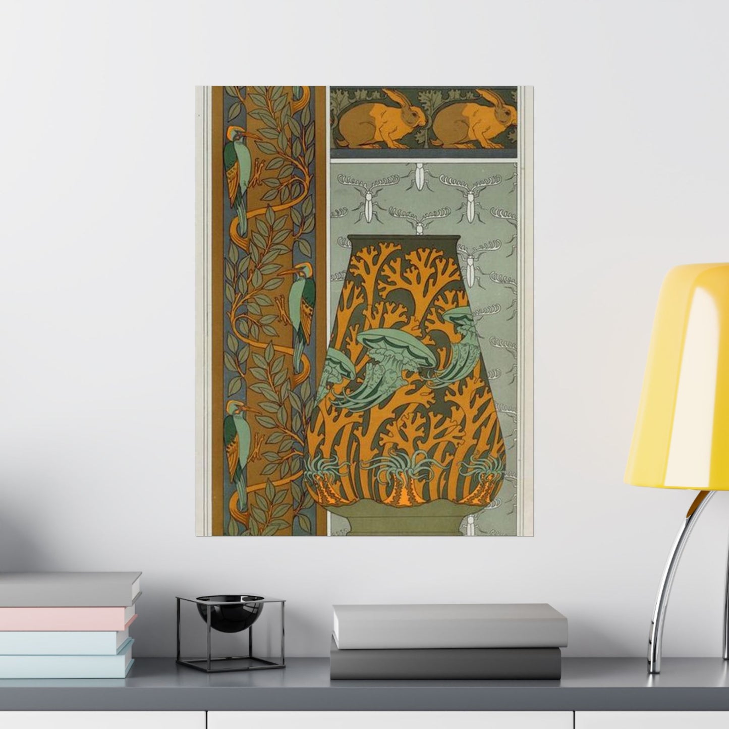 Piverts et arbre, bordure verticale. Lapins et feuilles, bordure. Méduses, anémones de mer et algues, vase. Insectes, jeu de fond. High Quality Matte Wall Art Poster for Home, Office, Classroom