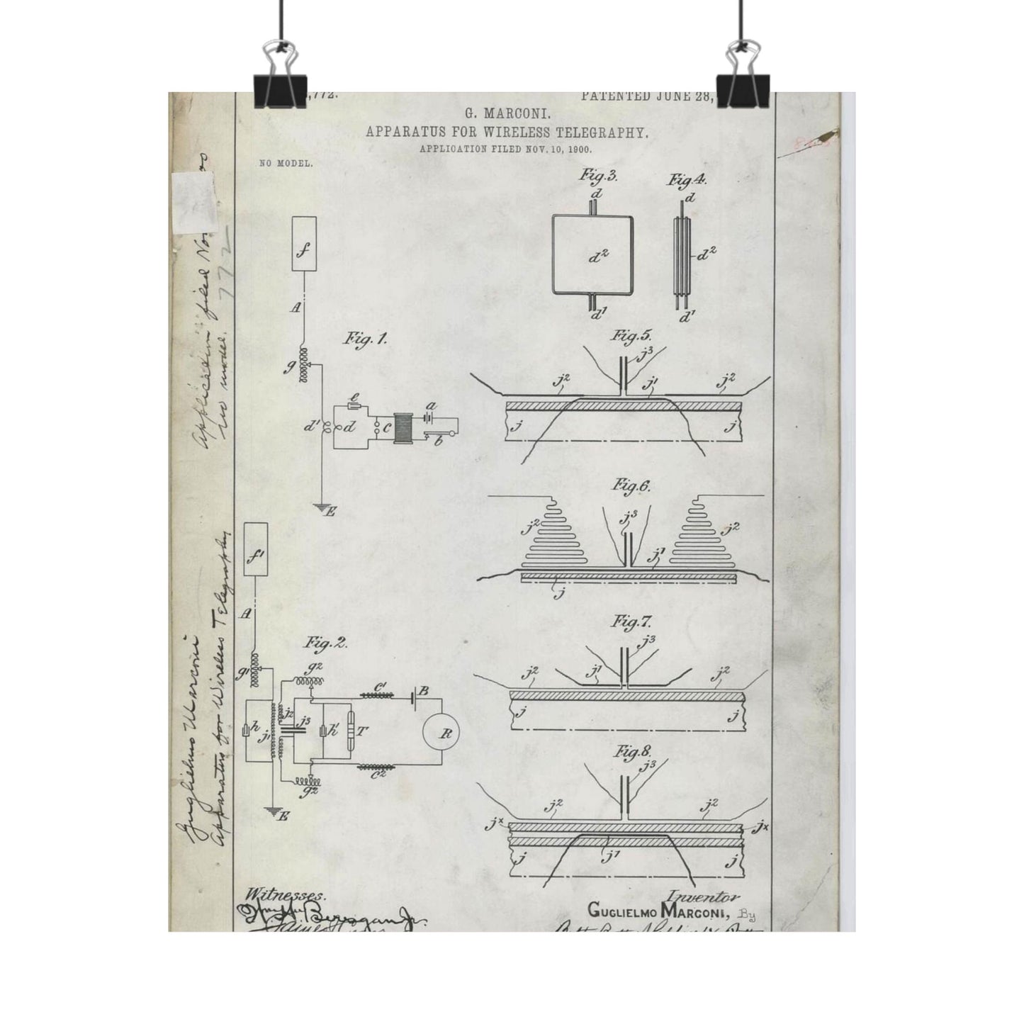 Patent drawing - for G. Marconi's Apparatus for Wireless Telegraphy Public domain image High Quality Matte Wall Art Poster for Home, Office, Classroom