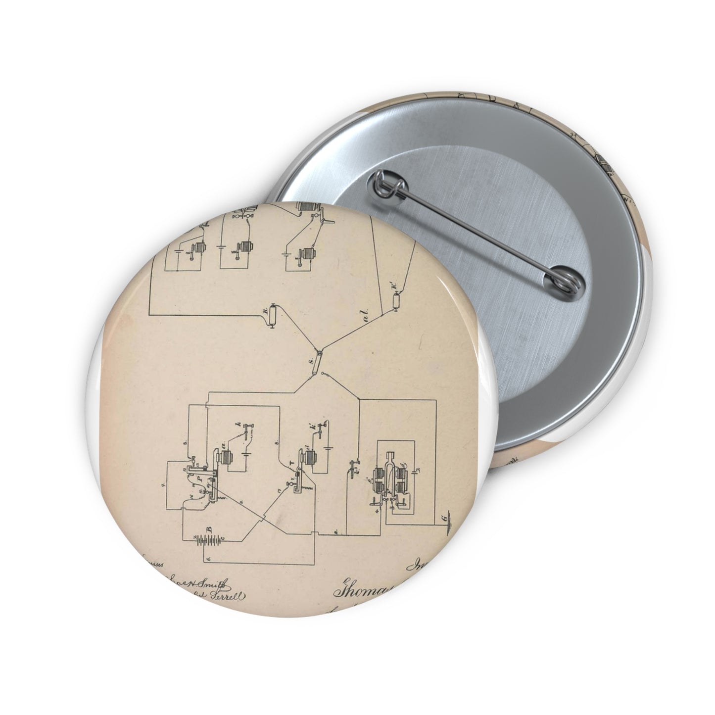 Patent Drawing of Engine - Collection of United States patents granted to Thomas A. Edison, 1869-1884 (1869) (14756348232) Public domain image Pin Buttons with Crisp Design