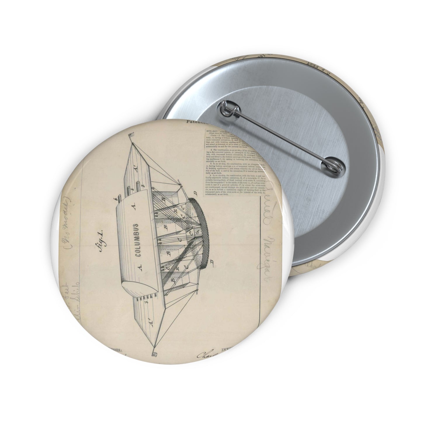 Patent drawing - for C. P. Fest's Air Ship Public domain image Pin Buttons with Crisp Design
