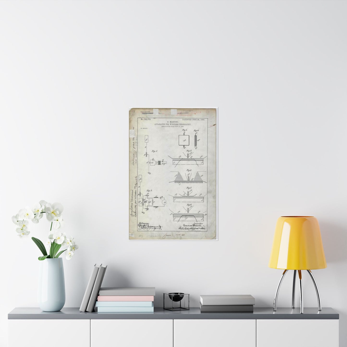 Patent drawing - for G. Marconi's Apparatus for Wireless Telegraphy Public domain image High Quality Matte Wall Art Poster for Home, Office, Classroom