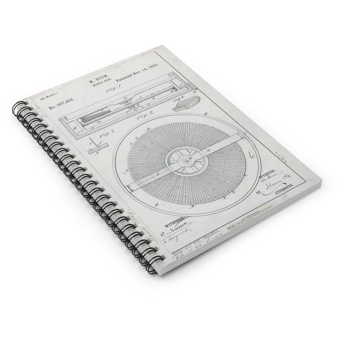 Patent Drawing of Engine - for M. Boom's Music Box Public domain image Spiral Bound Ruled Notebook with Printed Cover