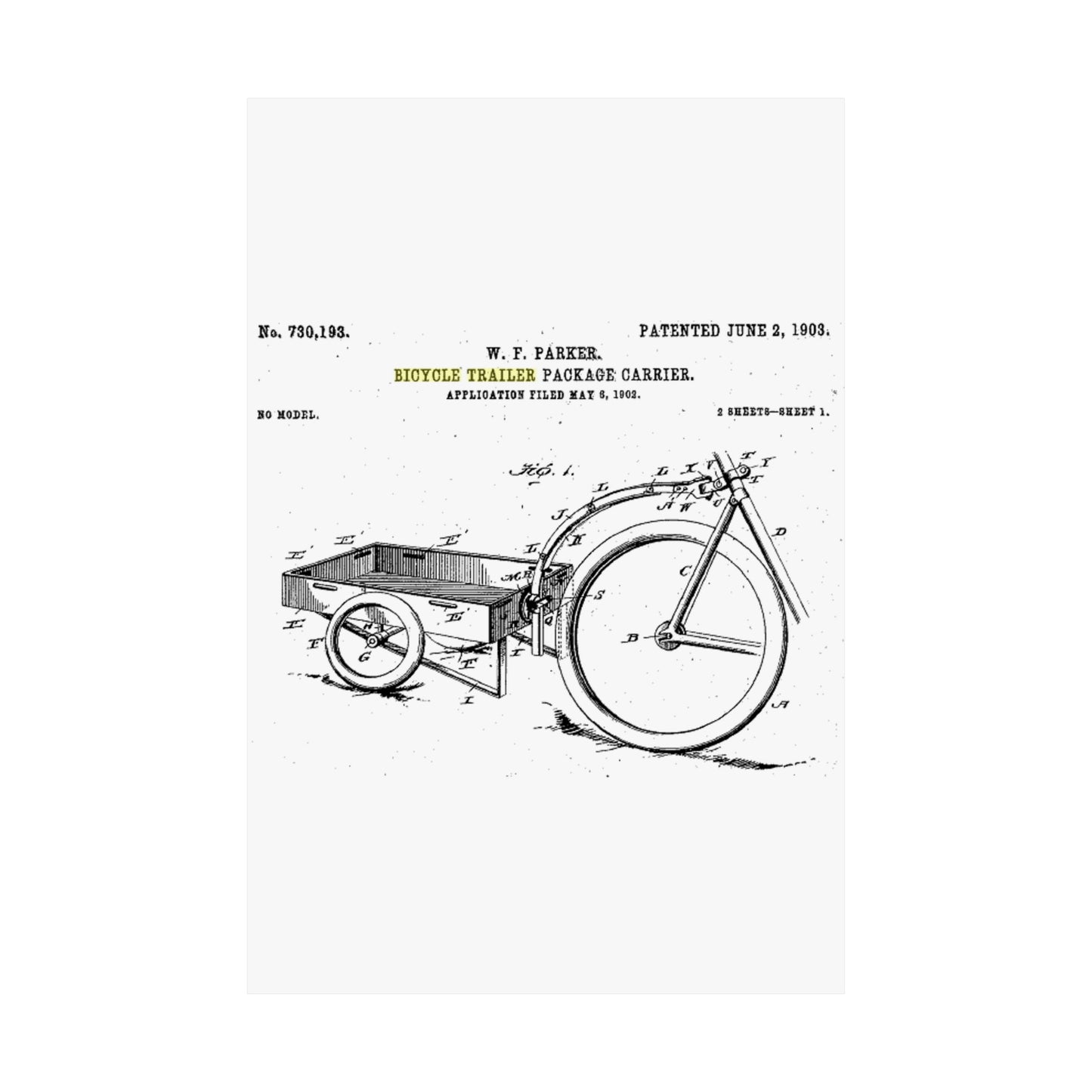 Patent Drawing of Engine - Bicycle Trailer Patent (1903) Public domain image High Quality Matte Wall Art Poster for Home, Office, Classroom
