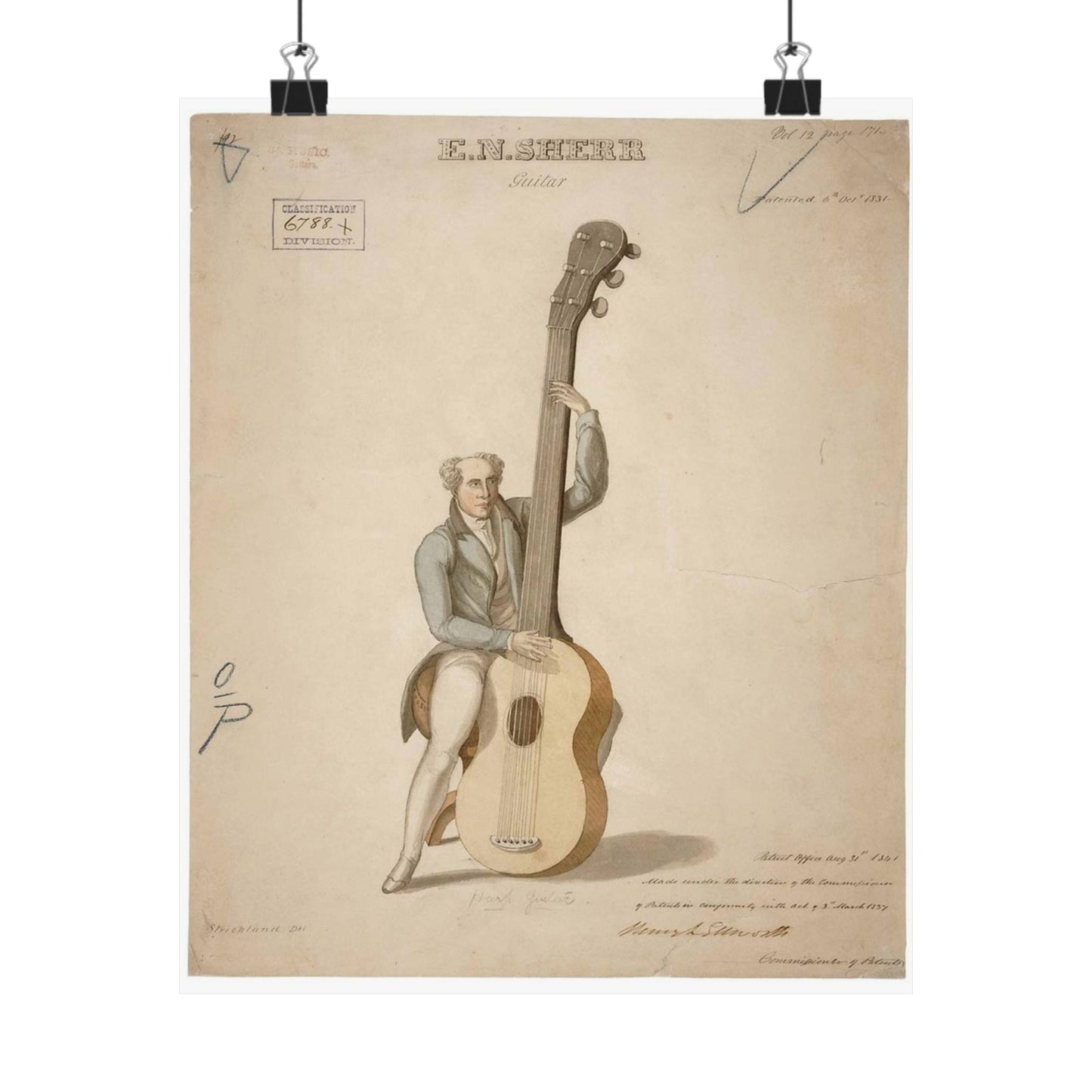Patent drawing - Drawing of a Harp Guitar Public domain image High Quality Matte Wall Art Poster for Home, Office, Classroom