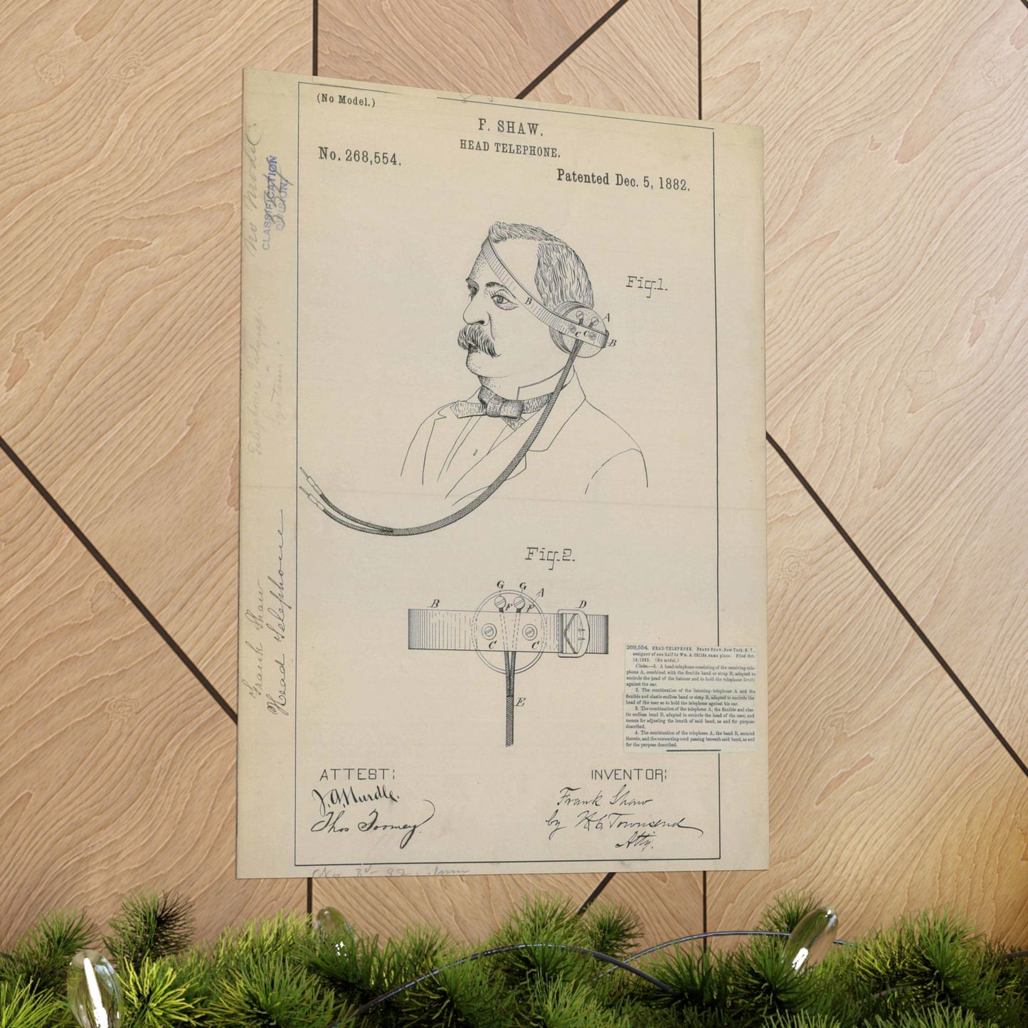 Patent drawing - for F. Shaw's Head Telephone Public domain image High Quality Matte Wall Art Poster for Home, Office, Classroom