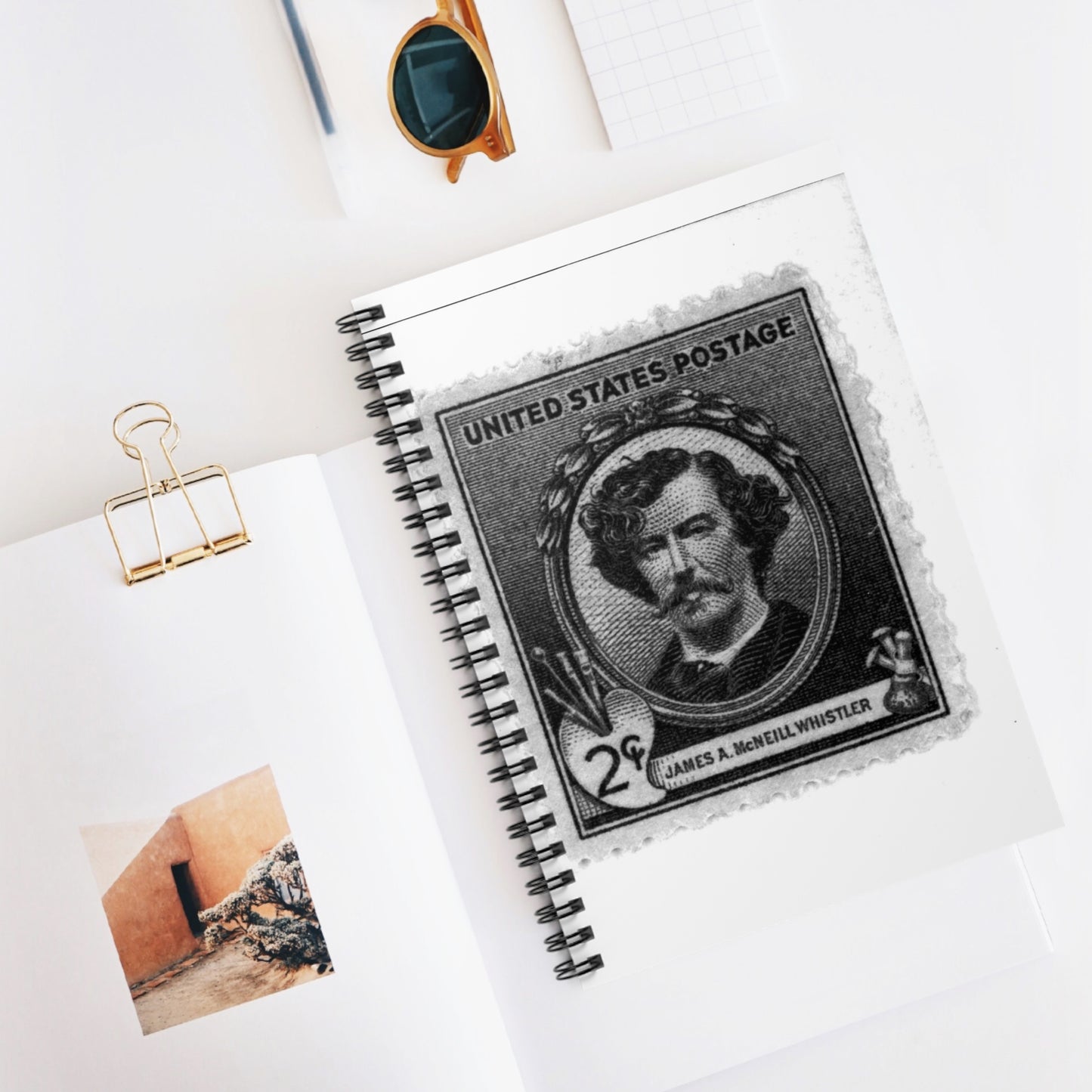 United States two cents postage stamp with head-and-shoulders portrait of James A. McNeill Whistler Spiral Bound Ruled Notebook with Printed Cover