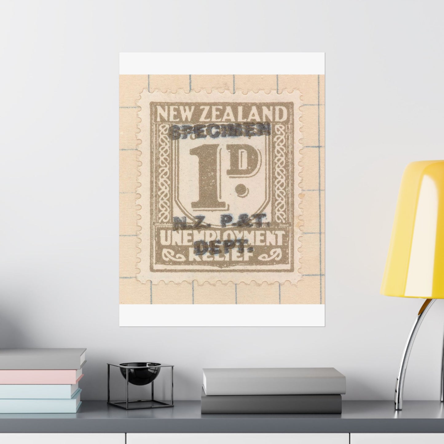 One penny Unemployment Relief stamp overprinted 'Specimen' High Quality Matte Wall Art Poster for Home, Office, Classroom