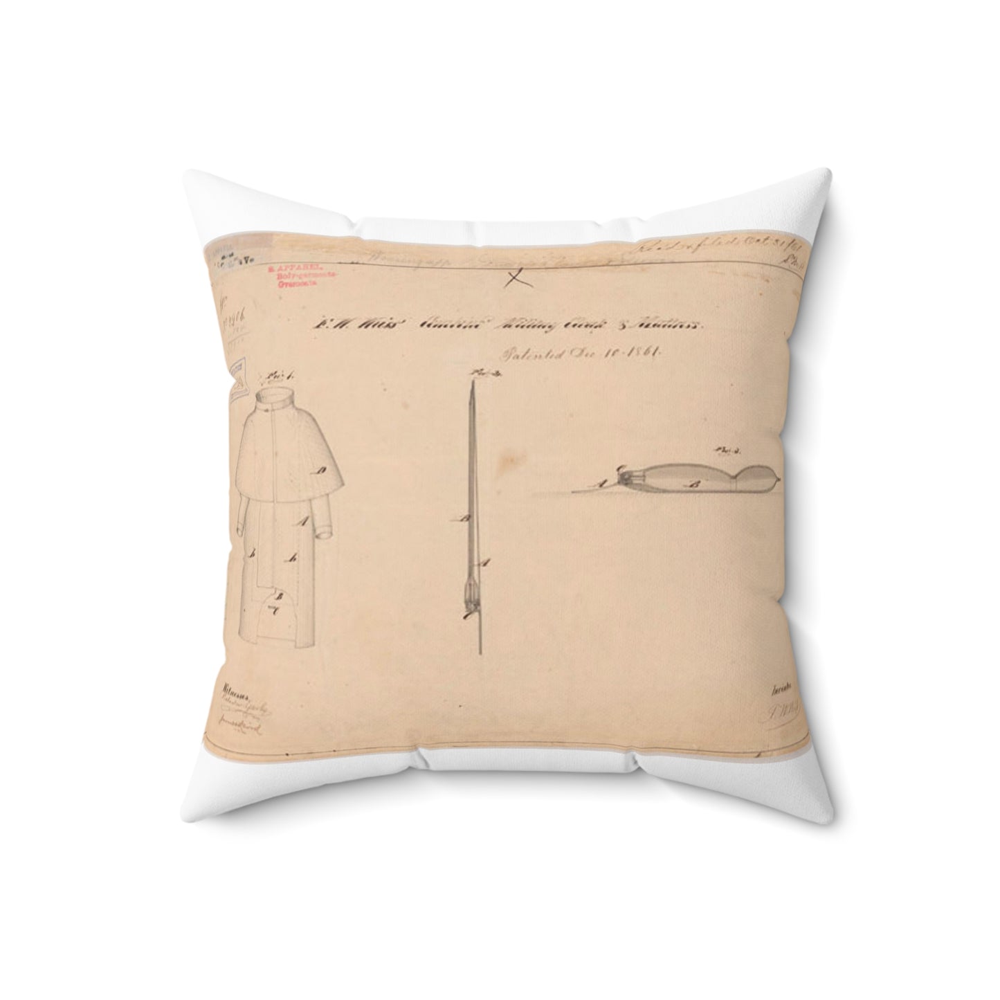 Patent drawing - Drawing of Combined Military Cloak and Mattress Public domain image Decorative Accent Square Pillow