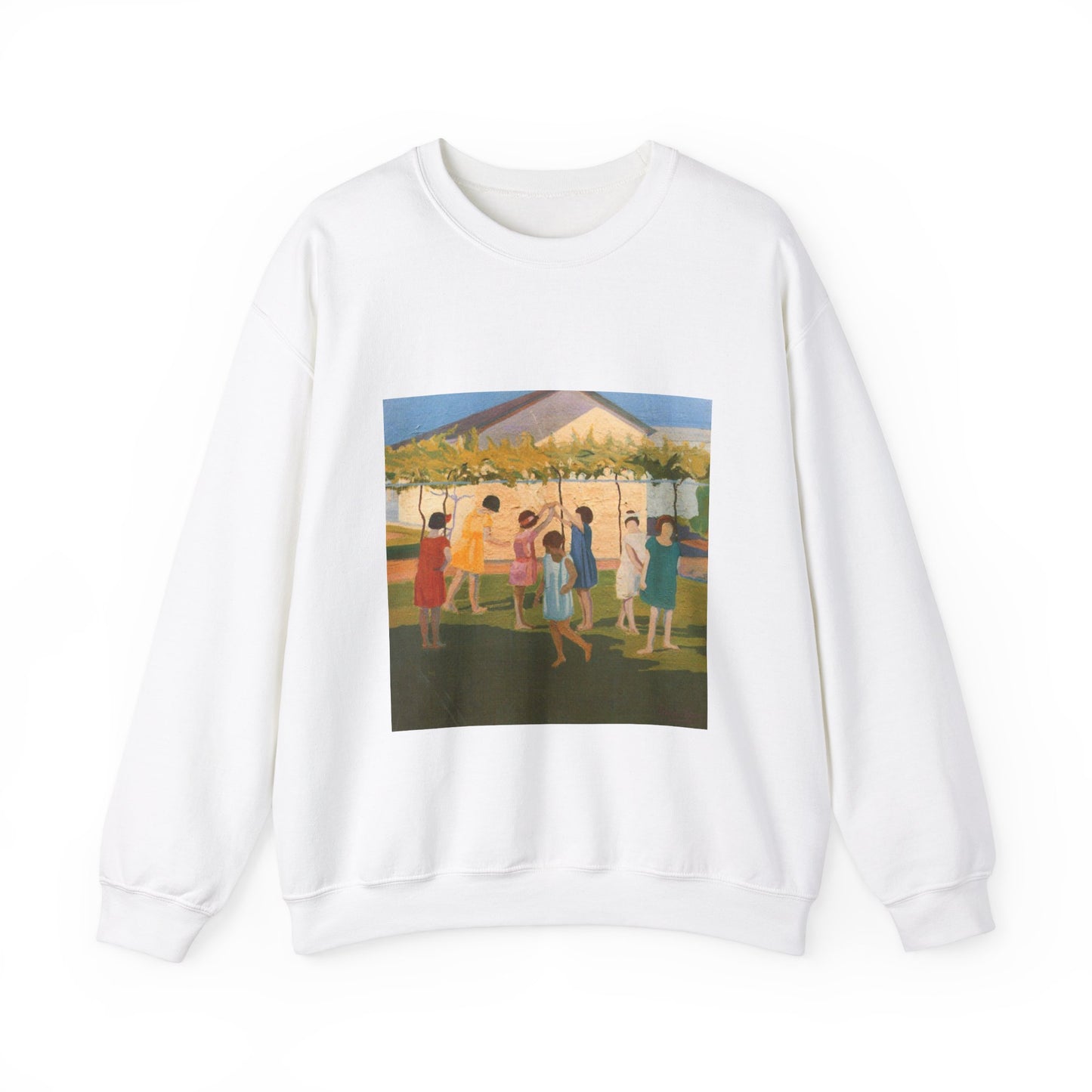 Petrona Viera - A painting of a group of children playing with a kite White Heavy Blend Adult Crew Neck SweatShirt