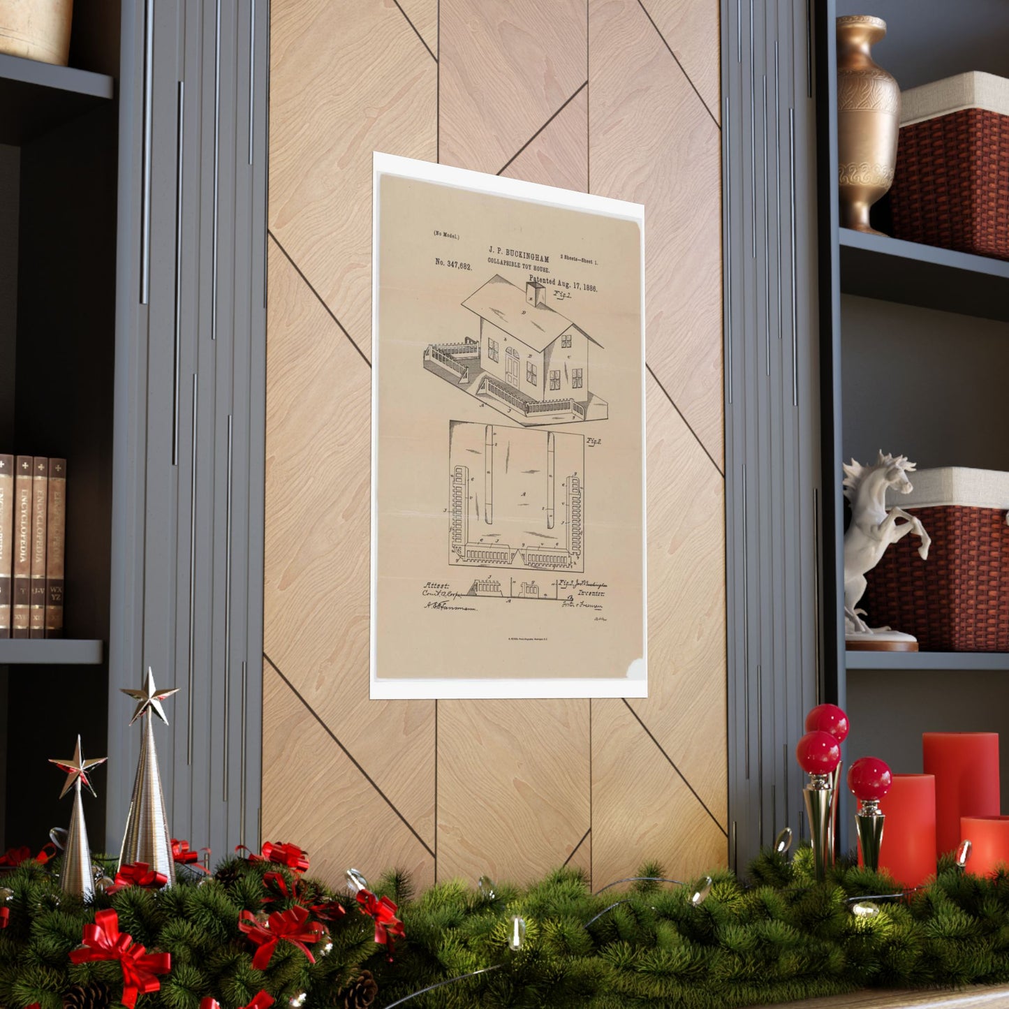 Patent Drawing of Engine - Drawing for a Collapsible Toy House Public domain image High Quality Matte Wall Art Poster for Home, Office, Classroom