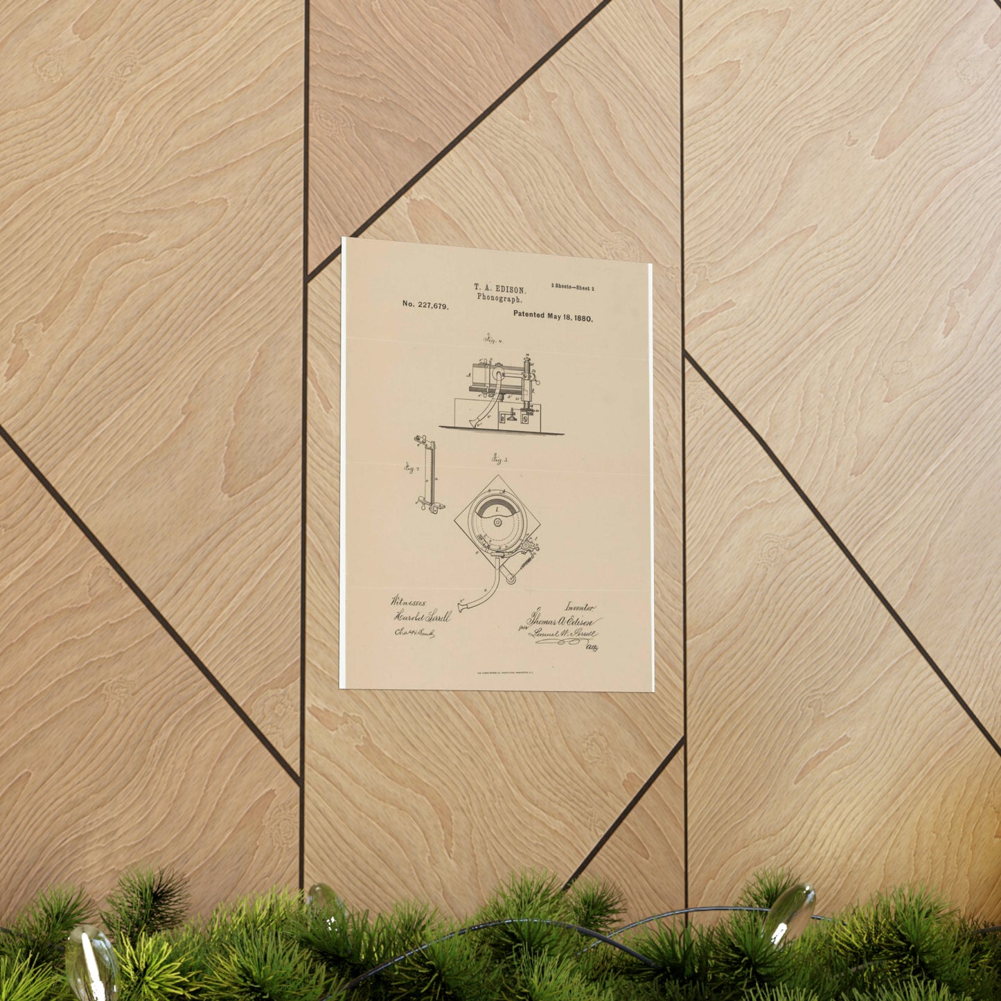 Patent Drawing of Engine - Drawing for a Phonograph Public domain image High Quality Matte Wall Art Poster for Home, Office, Classroom