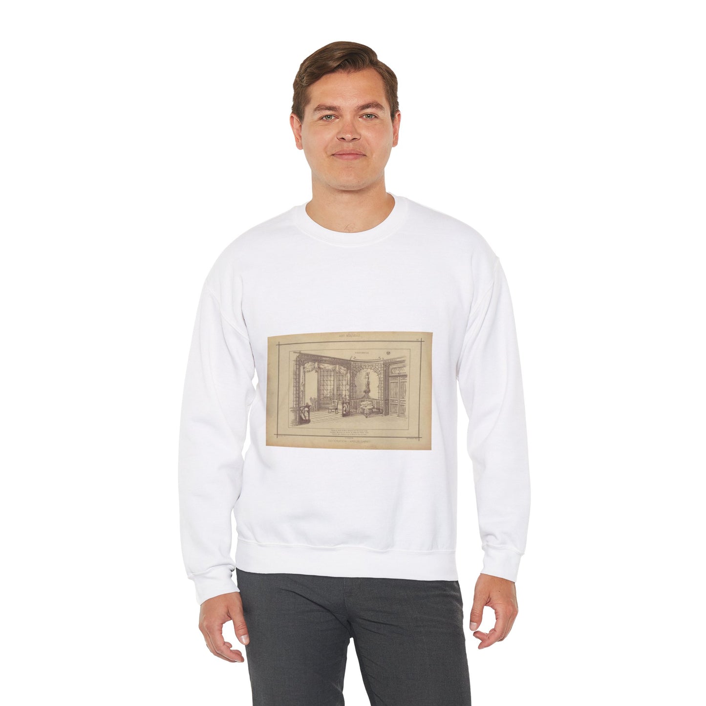 Vestibule : décor de baie en bois découpé sur treillage doré. Lambris, meubles et porte en bois de frêne verni. Etoffe des sièges et de la baie en soie brochée. White Heavy Blend Adult Crew Neck SweatShirt