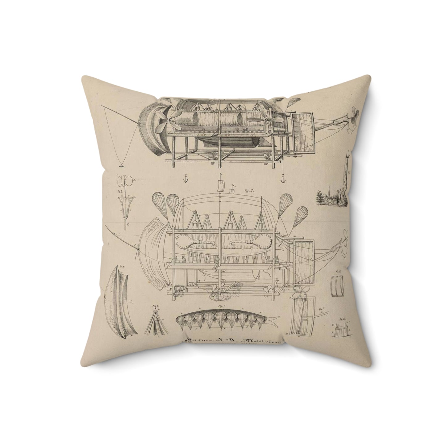 Patent drawing - Navire aérien dirigeable. Systême J.B. Métivier, force ascensionnelle 90,000 kos. Public domain image Decorative Accent Square Pillow