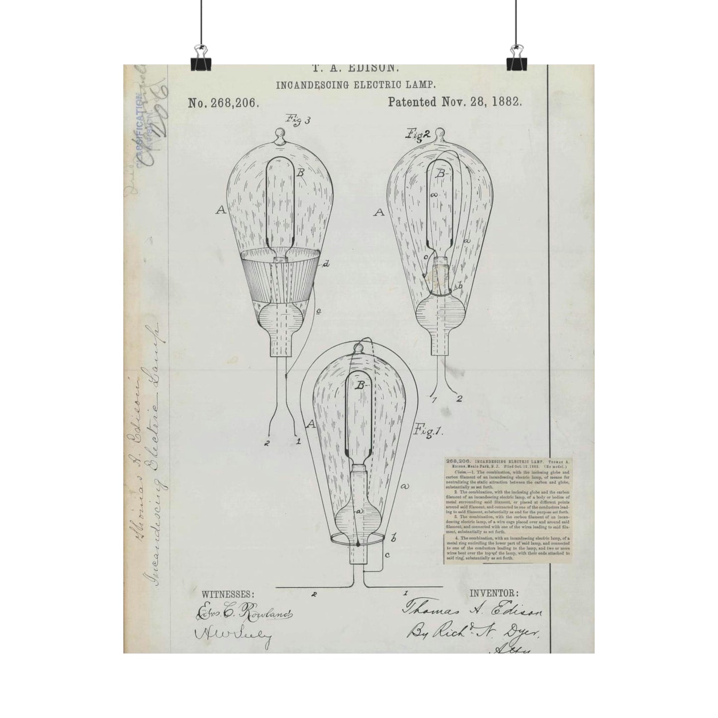 Patent drawing - for T. A. Edison's Incandescing Electric Lamp Public domain image High Quality Matte Wall Art Poster for Home, Office, Classroom
