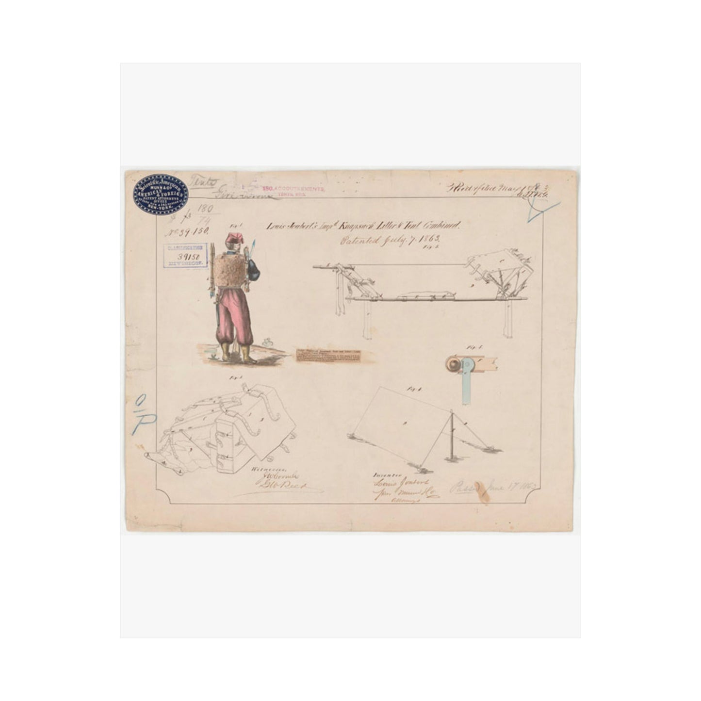 Patent drawing - Drawing of Improved Knapsack, Litter and Tent Combined Public domain image High Quality Matte Wall Art Poster for Home, Office, Classroom