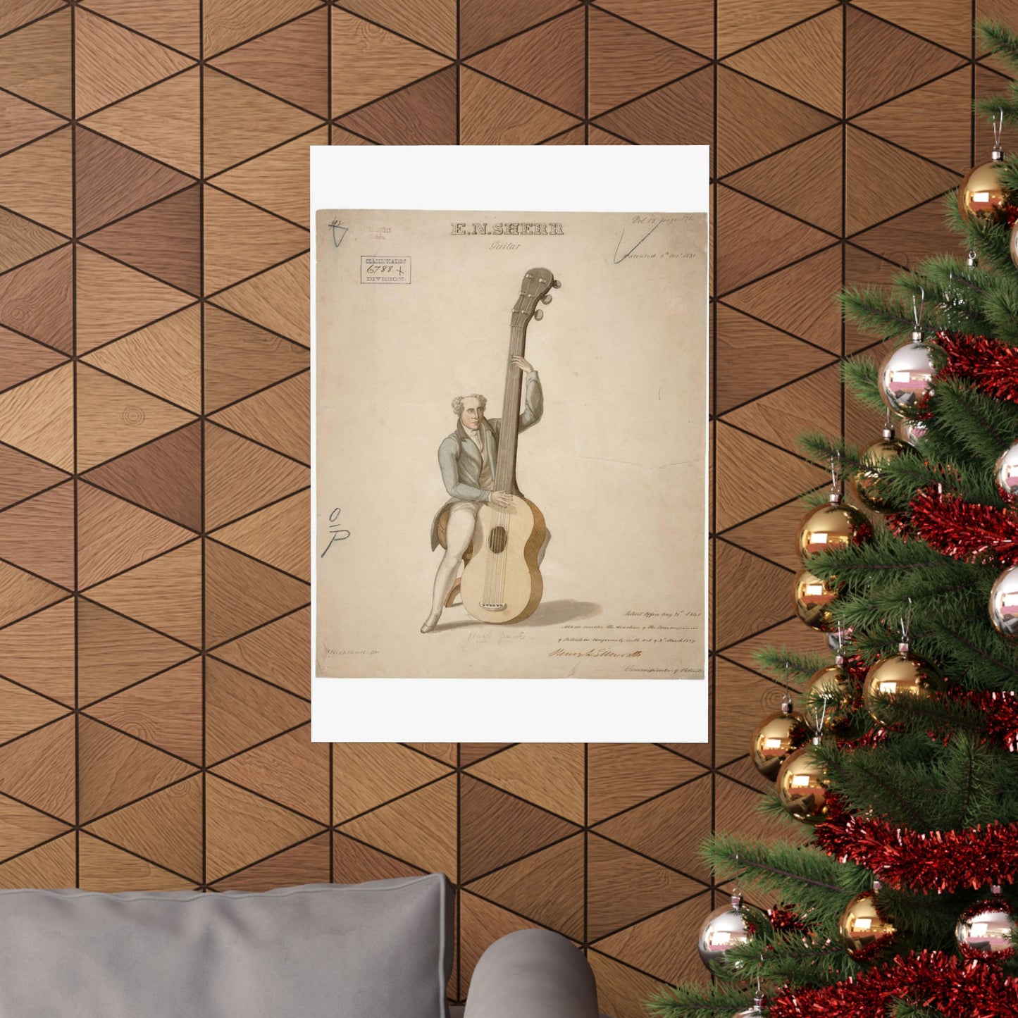 Patent drawing - Drawing of a Harp Guitar Public domain image High Quality Matte Wall Art Poster for Home, Office, Classroom
