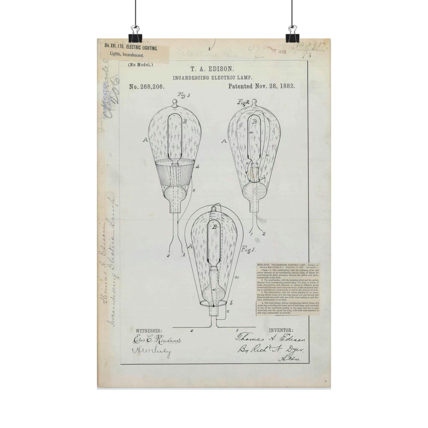Patent drawing - for T. A. Edison's Incandescing Electric Lamp Public domain image High Quality Matte Wall Art Poster for Home, Office, Classroom