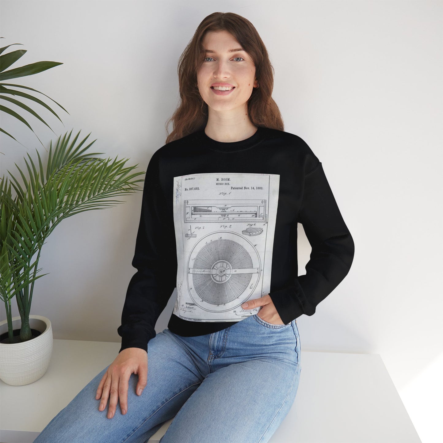 Patent Drawing of Engine - for M. Boom's Music Box Public domain image Black Heavy Blend Adult Crew Neck SweatShirt