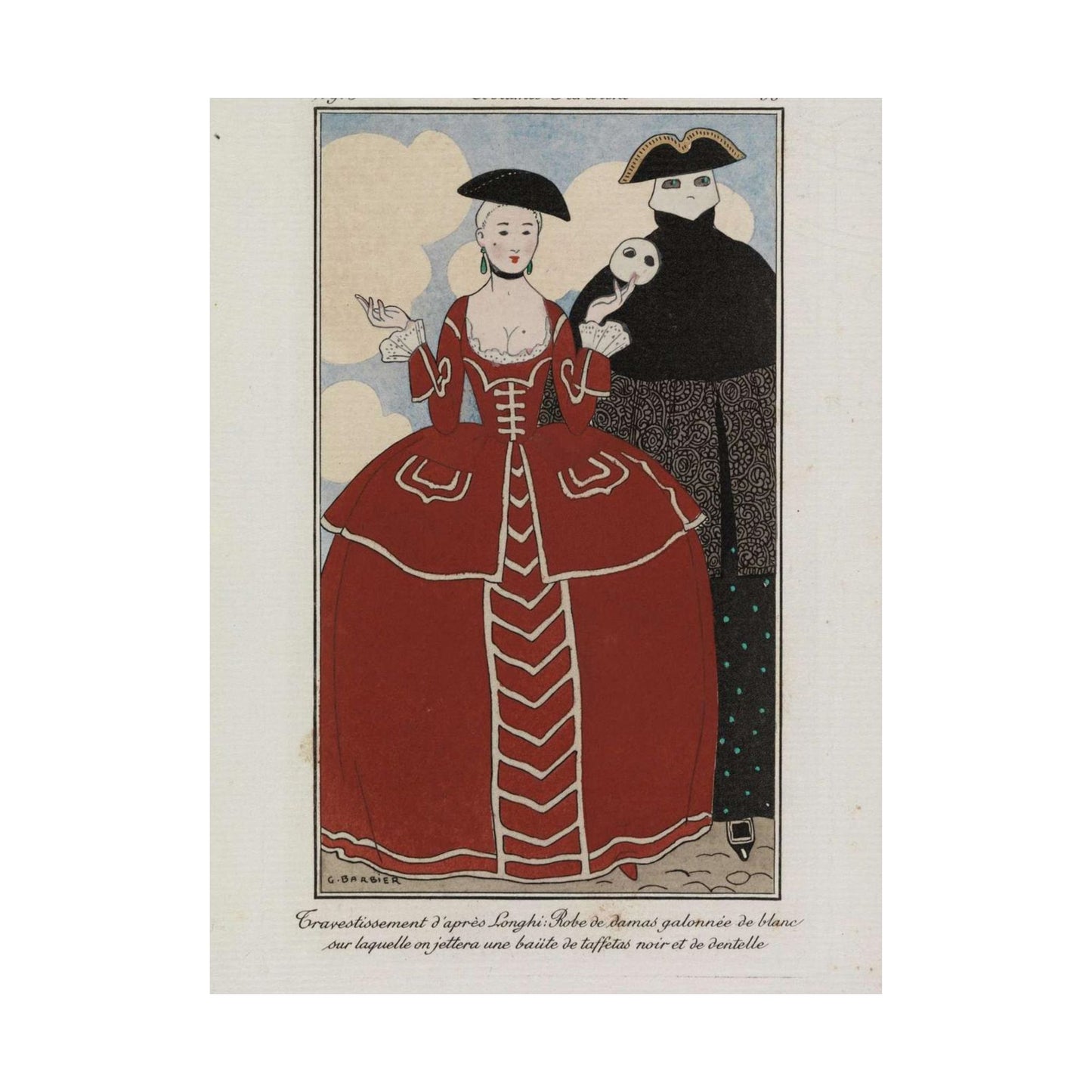 Fancy dress (Travestissement d'aprés Longhi - Robe de damas galonnée de blanc sur laquelle on jettera une baiite de taffetas noir et de dentelle) (CBL WEp 0847) High Quality Matte Wall Art Poster for Home, Office, Classroom