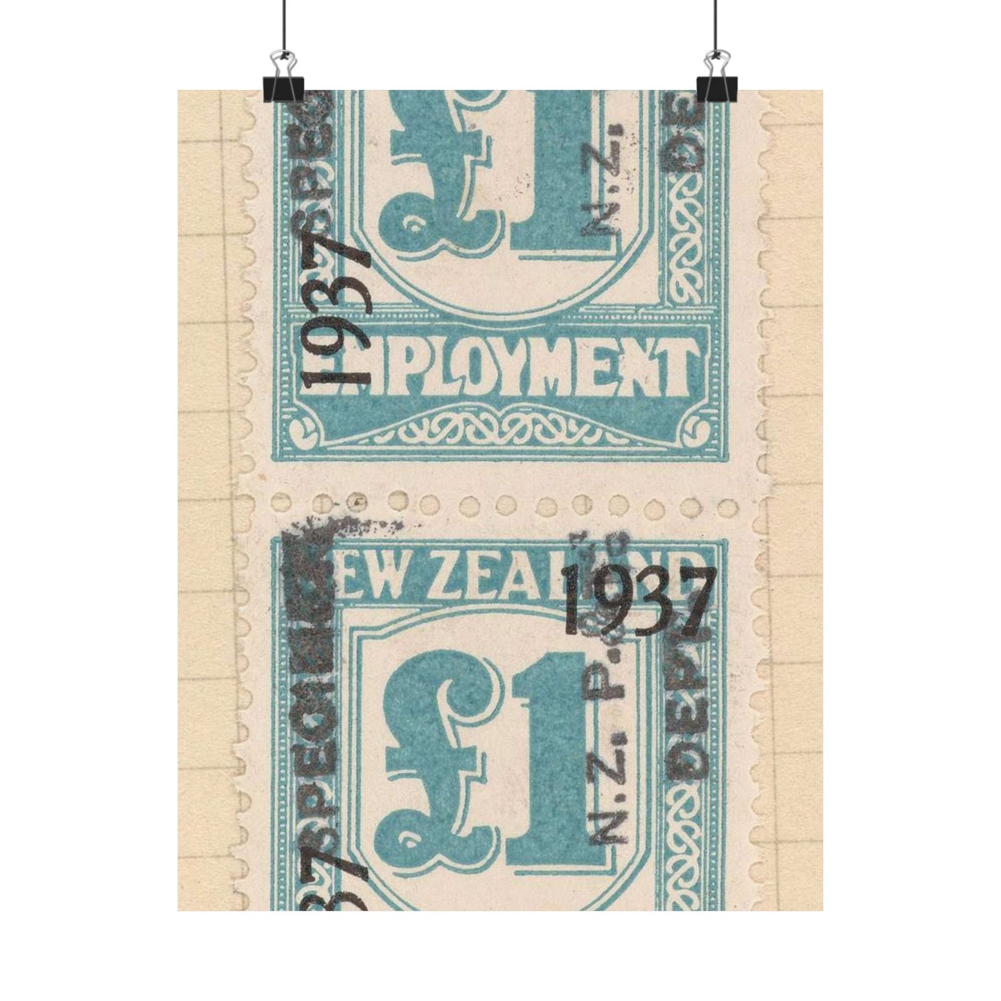 Block of one pound Unemployment Relief stamps overprinted '1937' and 'Specimen' High Quality Matte Wall Art Poster for Home, Office, Classroom