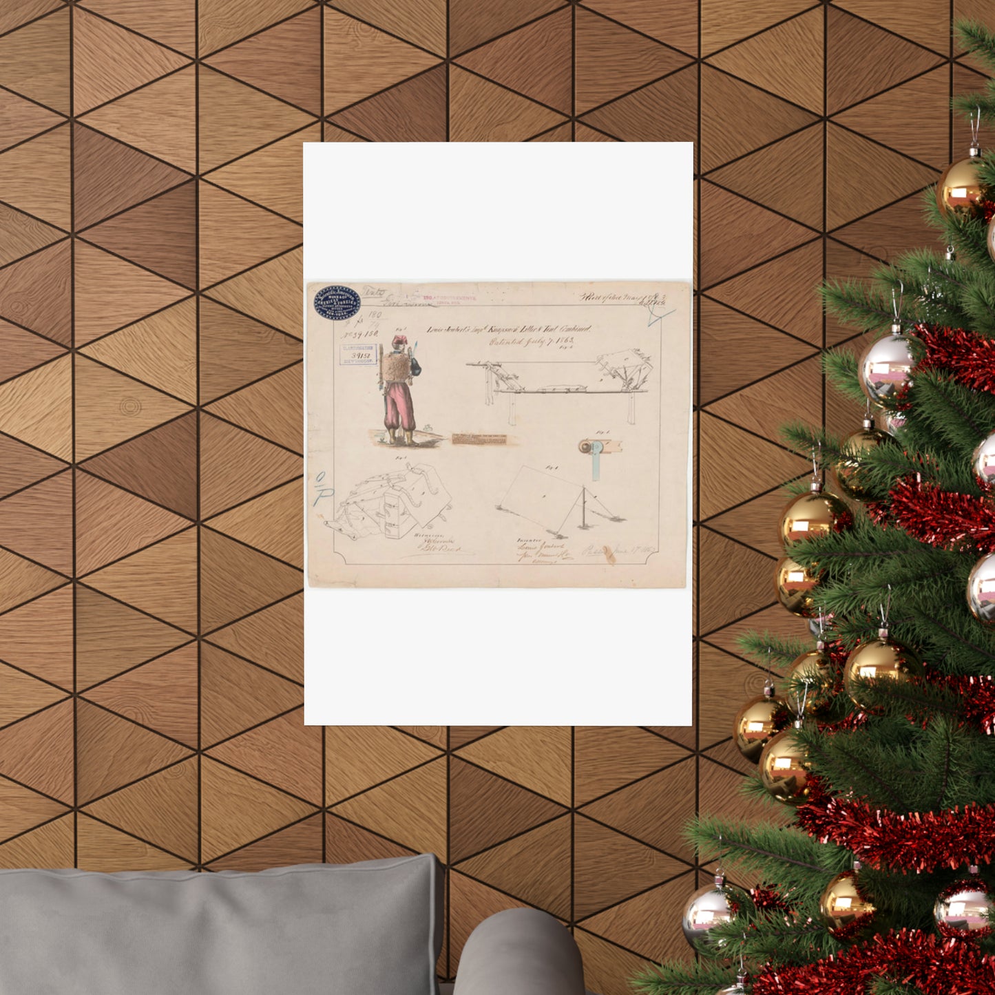 Patent drawing - Drawing of Improved Knapsack, Litter and Tent Combined Public domain image High Quality Matte Wall Art Poster for Home, Office, Classroom