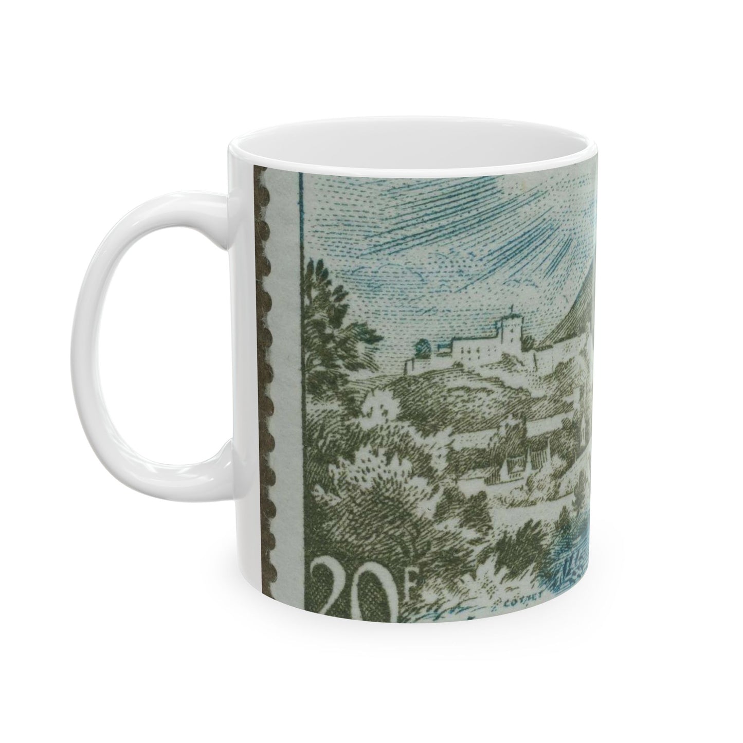 Frimärke ur Gösta Bodmans filatelistiska motivsamling, påbörjad 1950.Frimärke från Frankrike, 1954. Motiv av kyrkan vid Lourdes. "Undergörande vatten". Beautiful Novelty Ceramic Coffee Mug 11oz