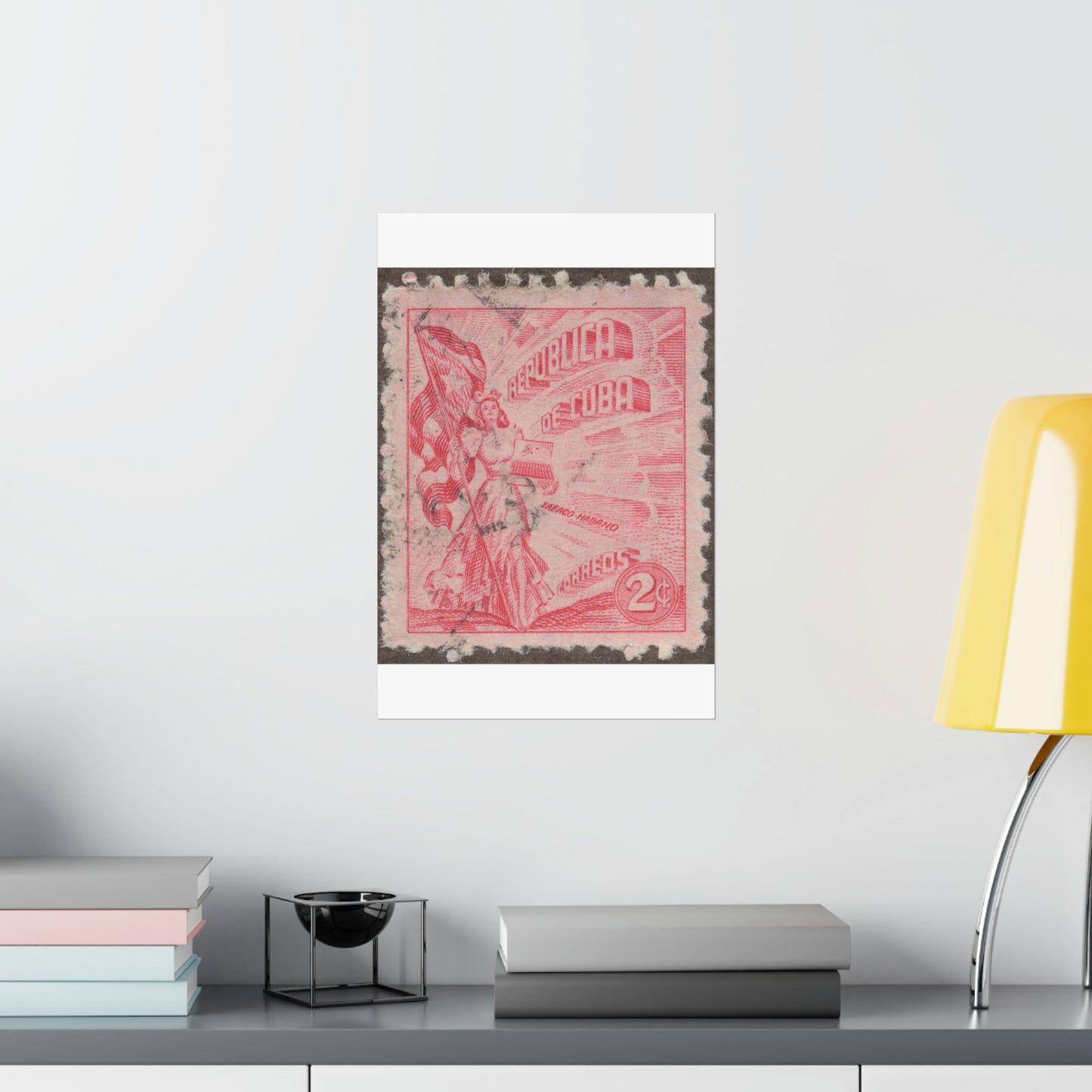 Frimärke ur Gösta Bodmans filatelistiska motivsamling, påbörjad 1950.Frimärke från Cuba, 1948. Motiv av kvinnosymbol för friheten med cigrarrlåda och flagga. High Quality Matte Wall Art Poster for Home, Office, Classroom
