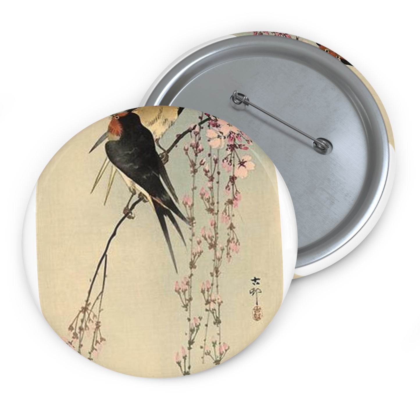 Koson - two-barn-swallows-on-blossoming-cherry, Ohara Koson Pin Buttons with Crisp Design