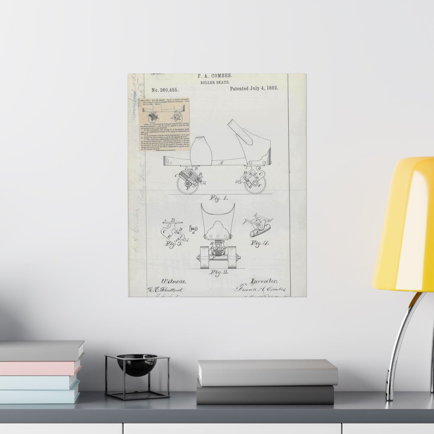 Patent drawing - for F. A. Combes' Roller Skate Public domain image High Quality Matte Wall Art Poster for Home, Office, Classroom
