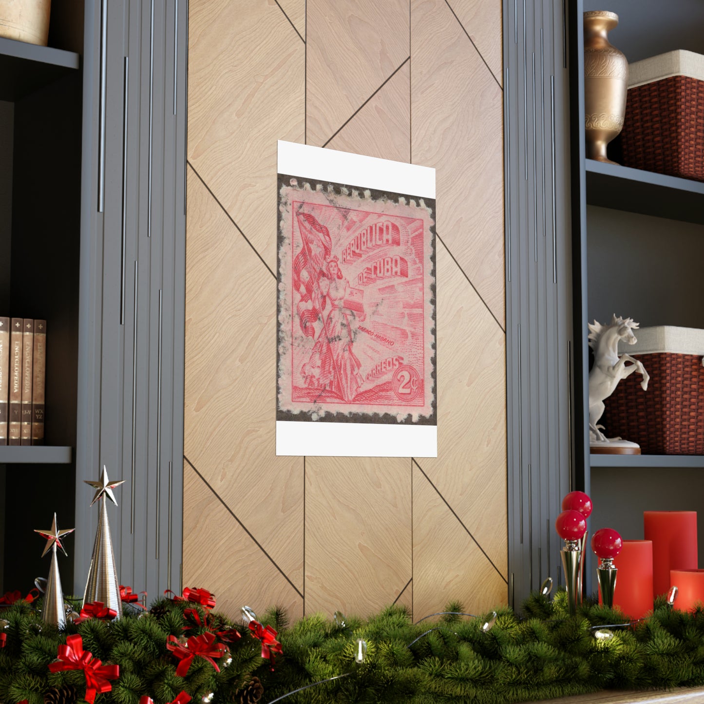 Frimärke ur Gösta Bodmans filatelistiska motivsamling, påbörjad 1950.Frimärke från Cuba, 1948. Motiv av kvinnosymbol för friheten med cigrarrlåda och flagga. High Quality Matte Wall Art Poster for Home, Office, Classroom
