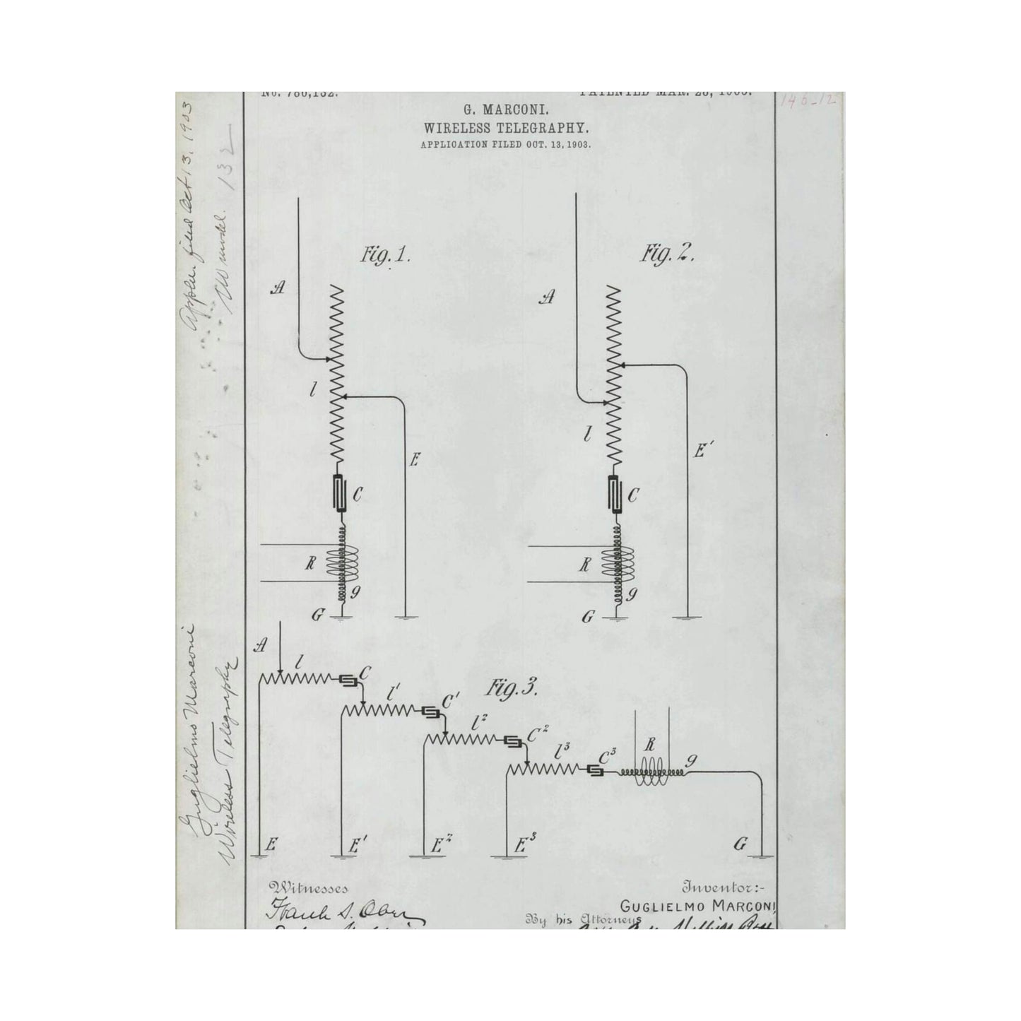 Patent drawing - for G. Marconi's Wireless Telegraphy Public domain image High Quality Matte Wall Art Poster for Home, Office, Classroom