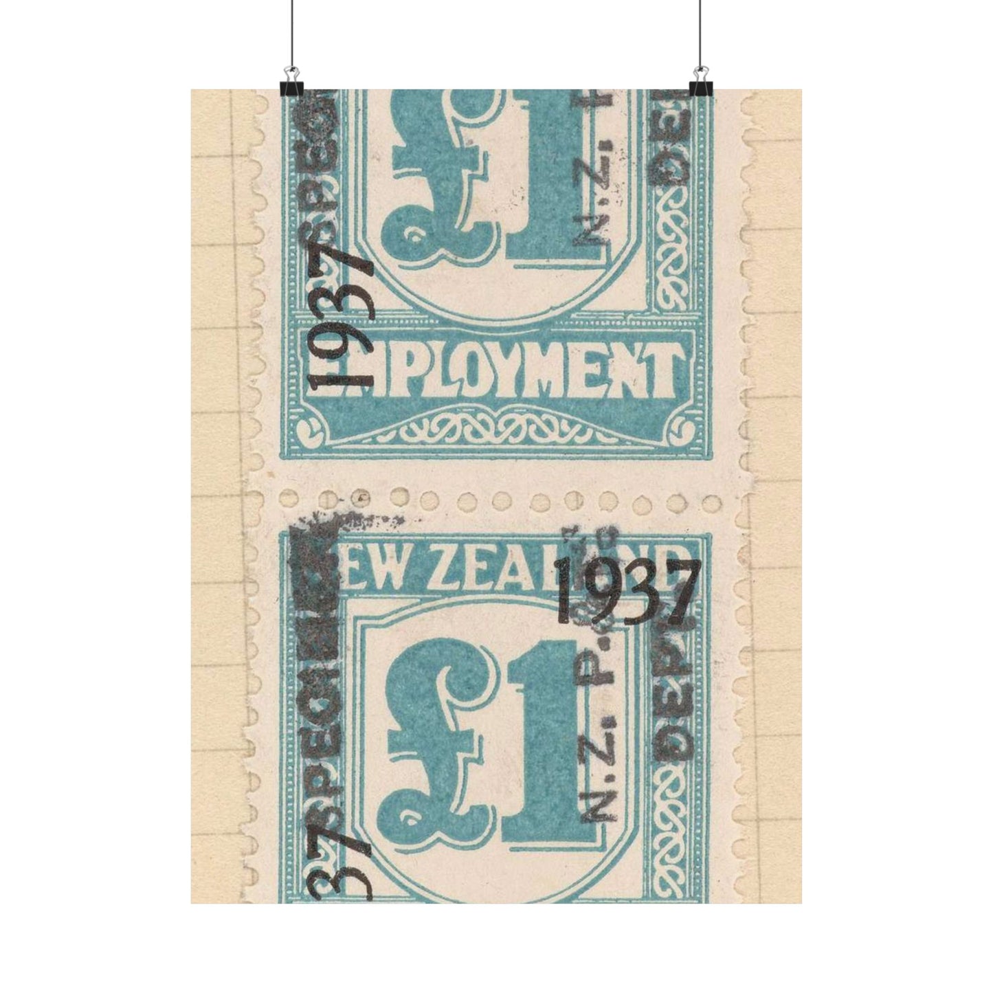 Block of one pound Unemployment Relief stamps overprinted '1937' and 'Specimen' High Quality Matte Wall Art Poster for Home, Office, Classroom