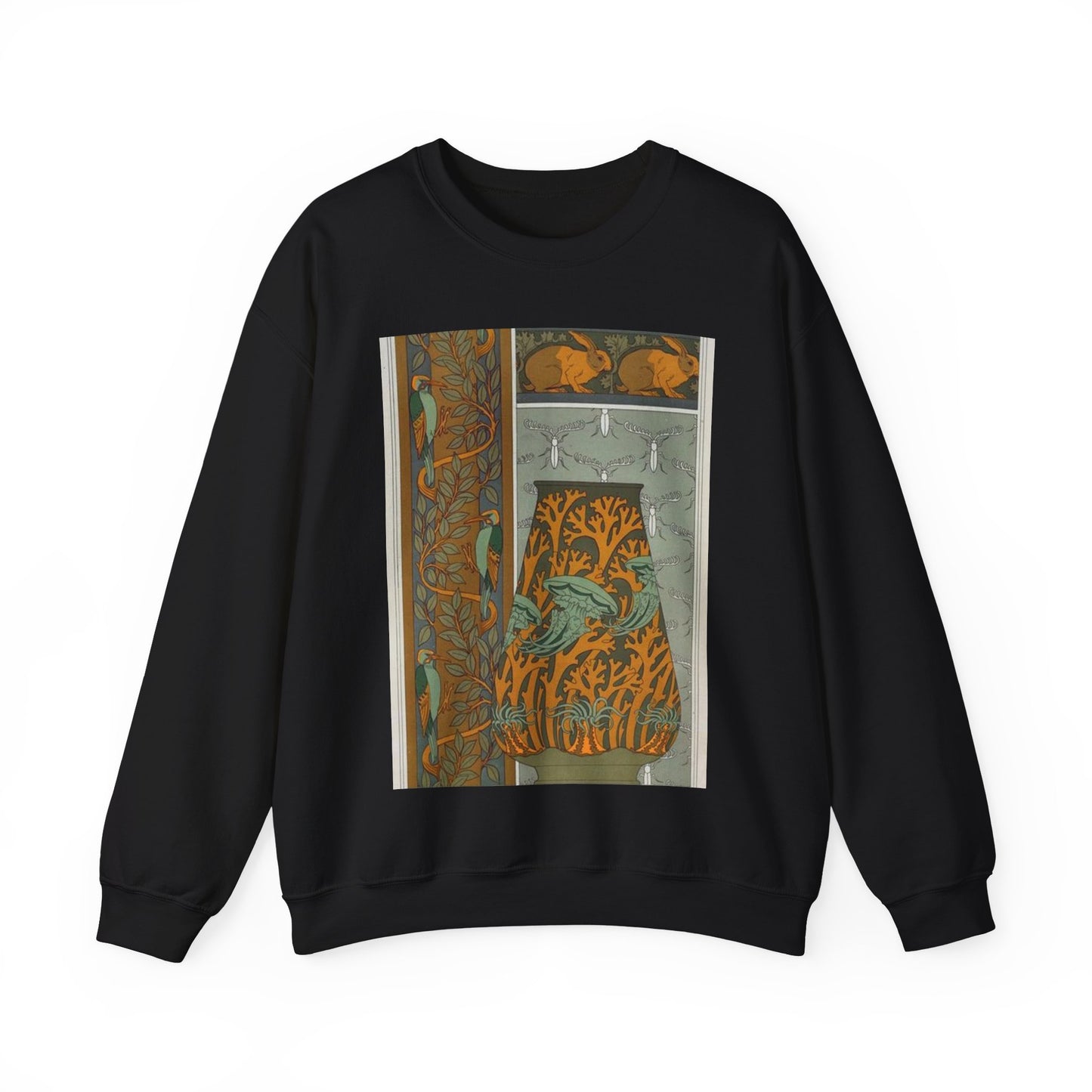 Piverts et arbre, bordure verticale. Lapins et feuilles, bordure. Méduses, anémones de mer et algues, vase. Insectes, jeu de fond. Black Heavy Blend Adult Crew Neck SweatShirt
