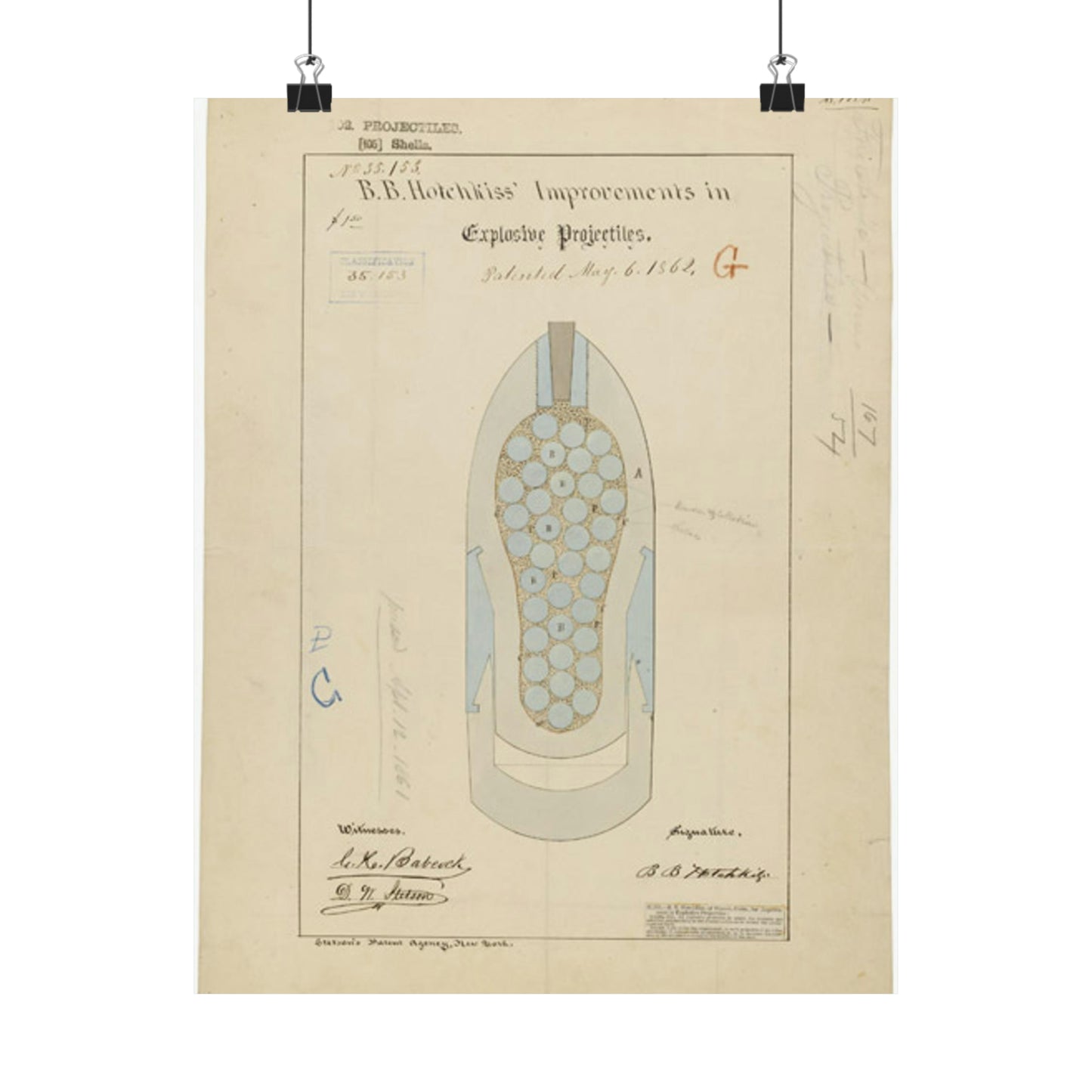 Patent drawing - Drawing of Improvements in Explosive Projectiles Public domain image High Quality Matte Wall Art Poster for Home, Office, Classroom