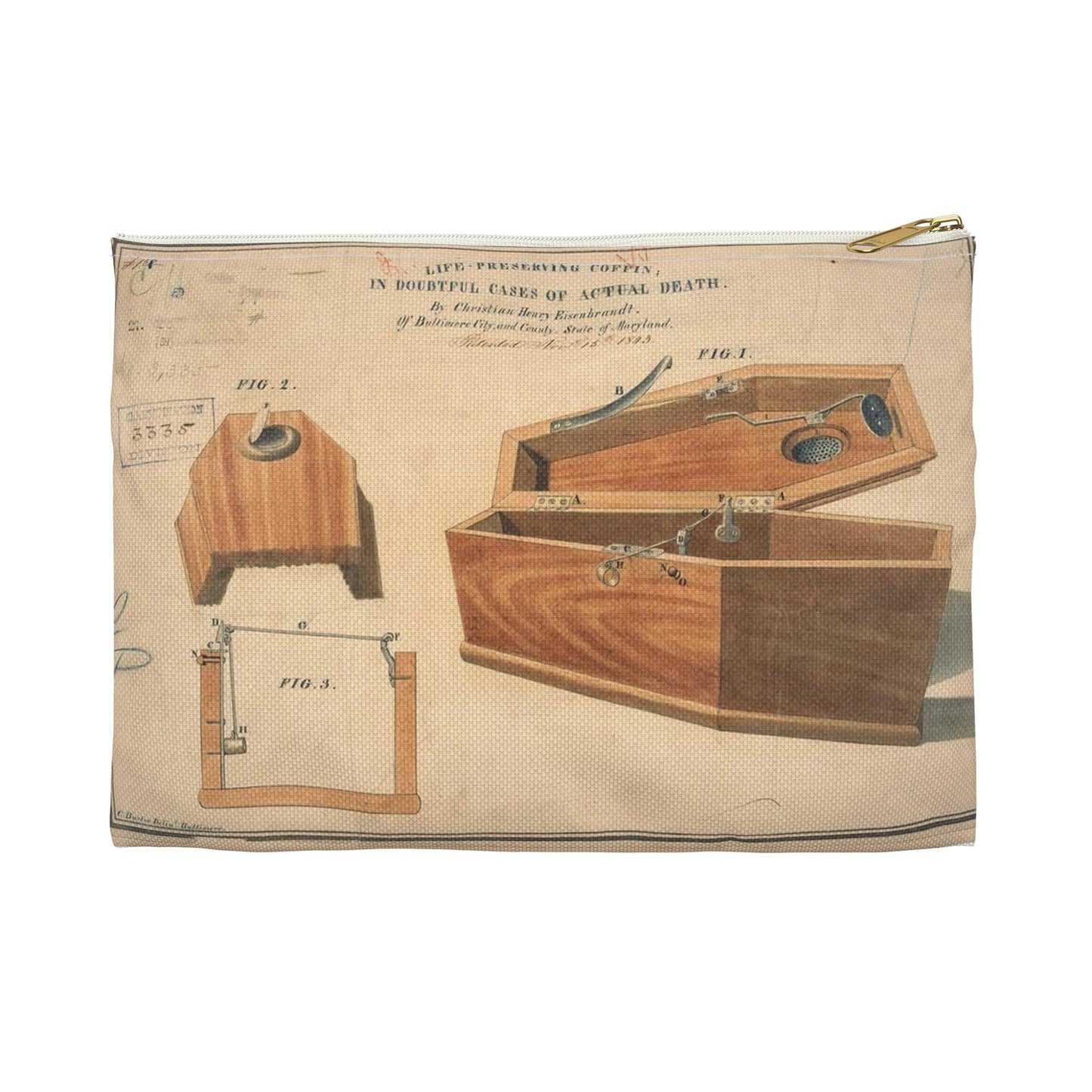 Patent drawing - Drawing for a Life - Preserving Coffin Public domain image Large Organizer Pouch with Black Zipper