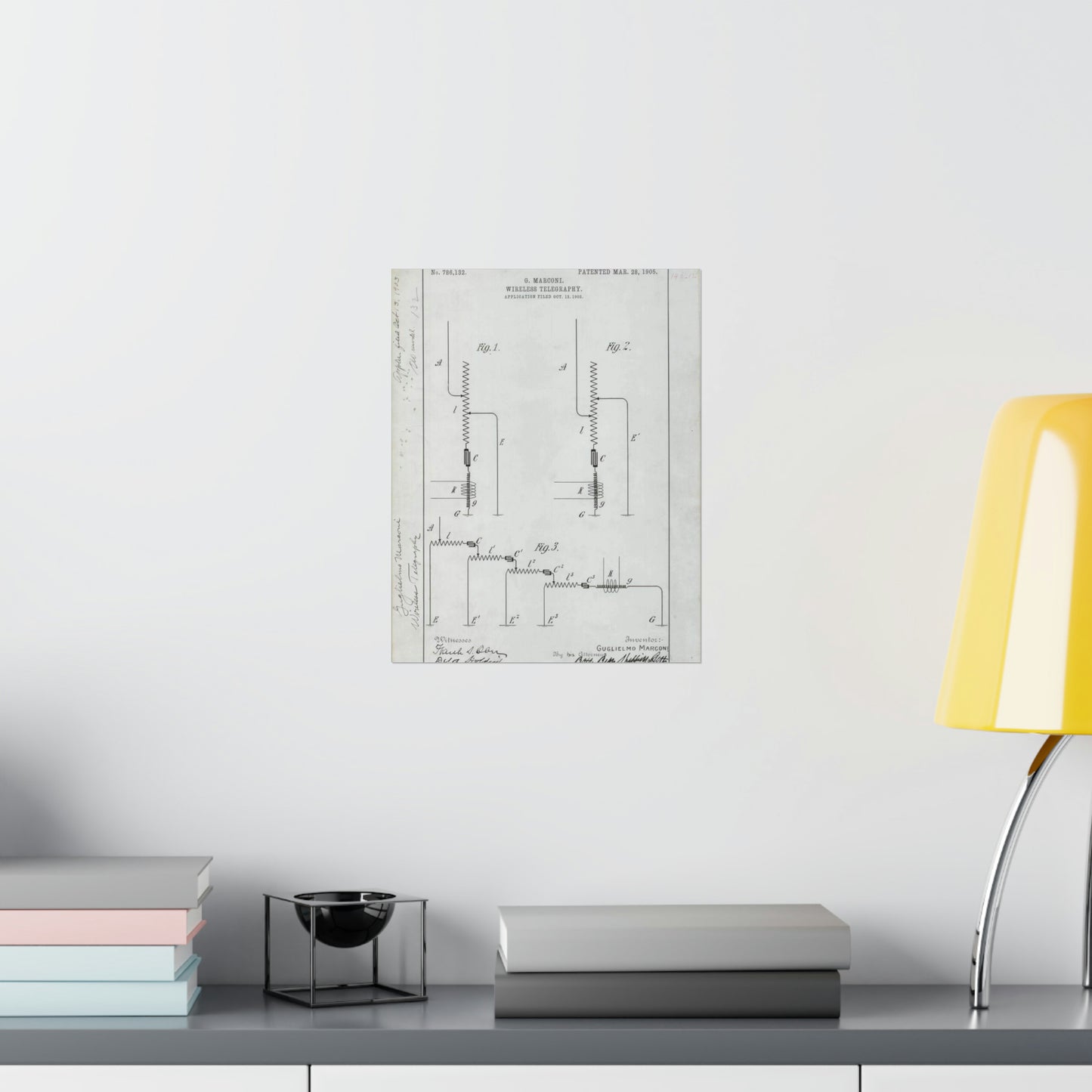 Patent drawing - for G. Marconi's Wireless Telegraphy Public domain image High Quality Matte Wall Art Poster for Home, Office, Classroom